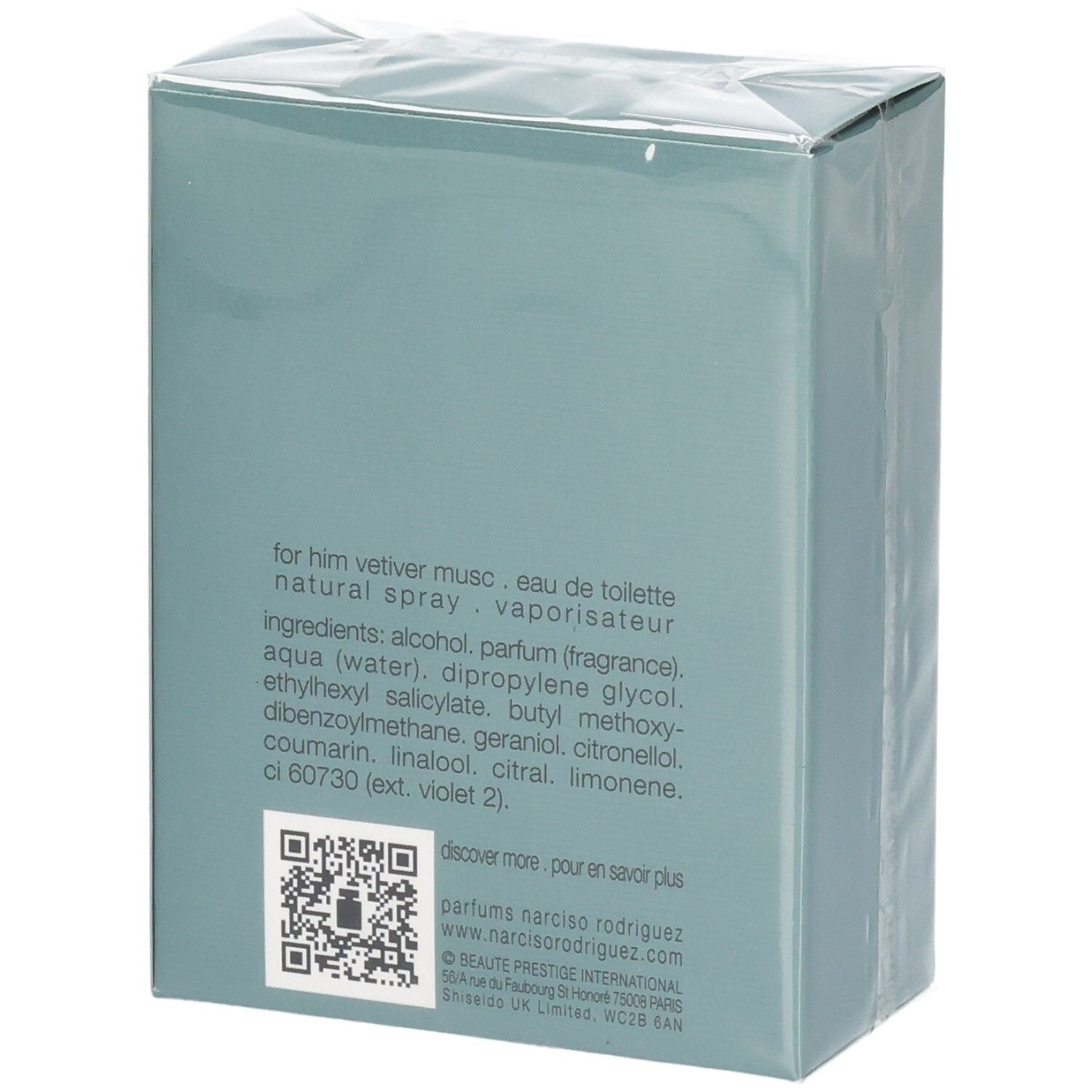 Arrière de la boîte de Narciso Rodriguez For Him Vetiver Musc Eau de Toilette avec ingrédients.
