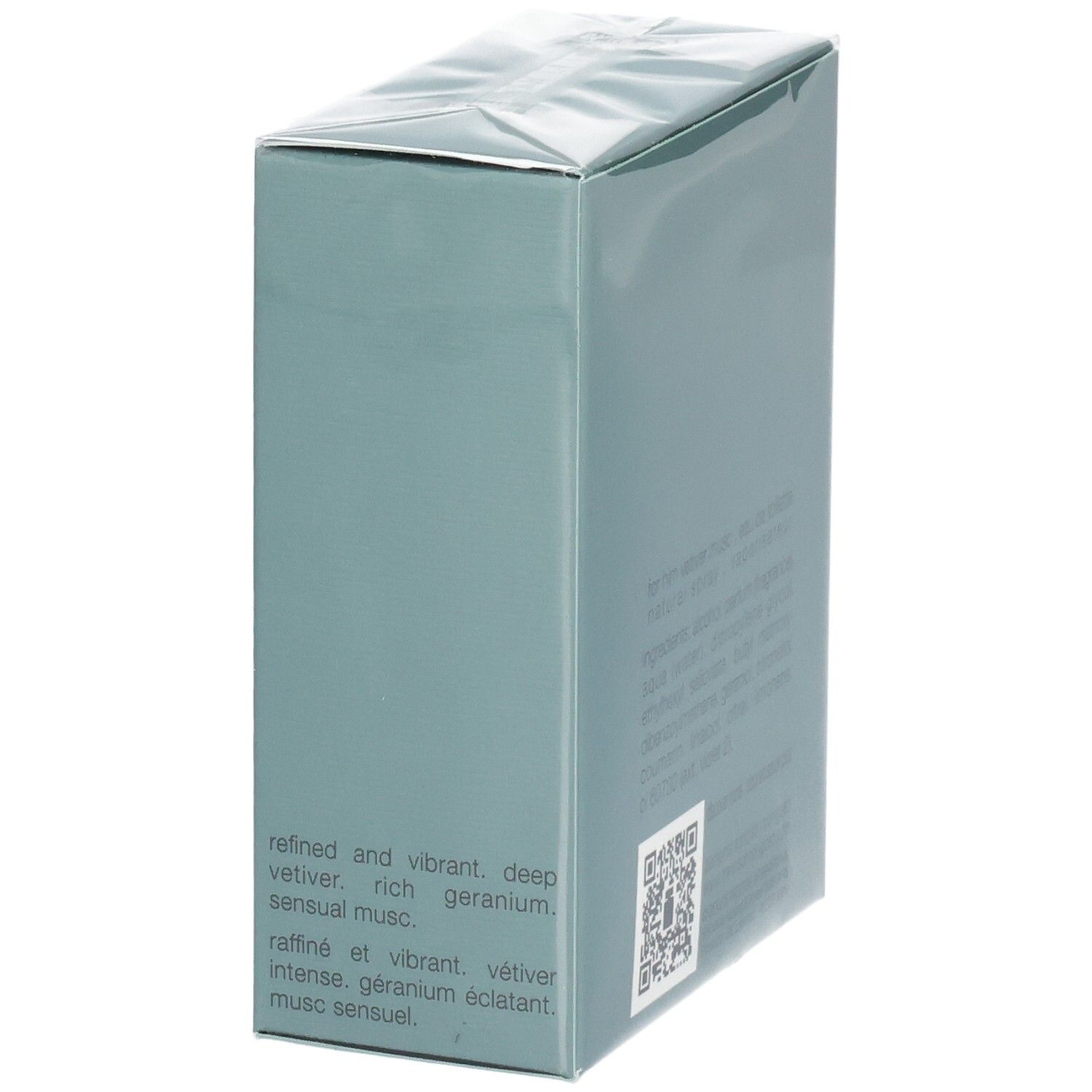 Vue latérale de la boîte de Narciso Rodriguez For Him Vetiver Musc Eau de Toilette avec description.