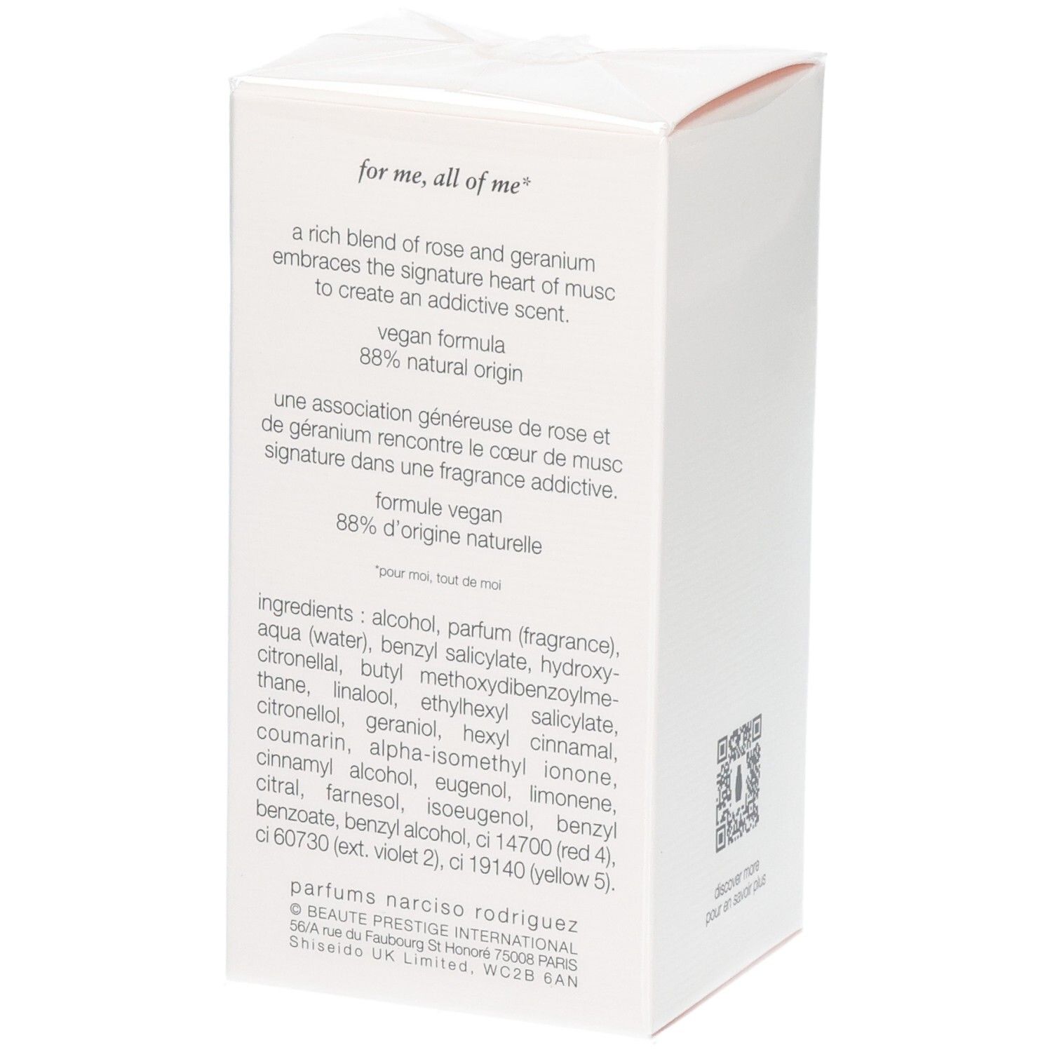 Arrière de l'emballage Narciso Rodriguez All of Me Eau de Parfum avec ingrédients.