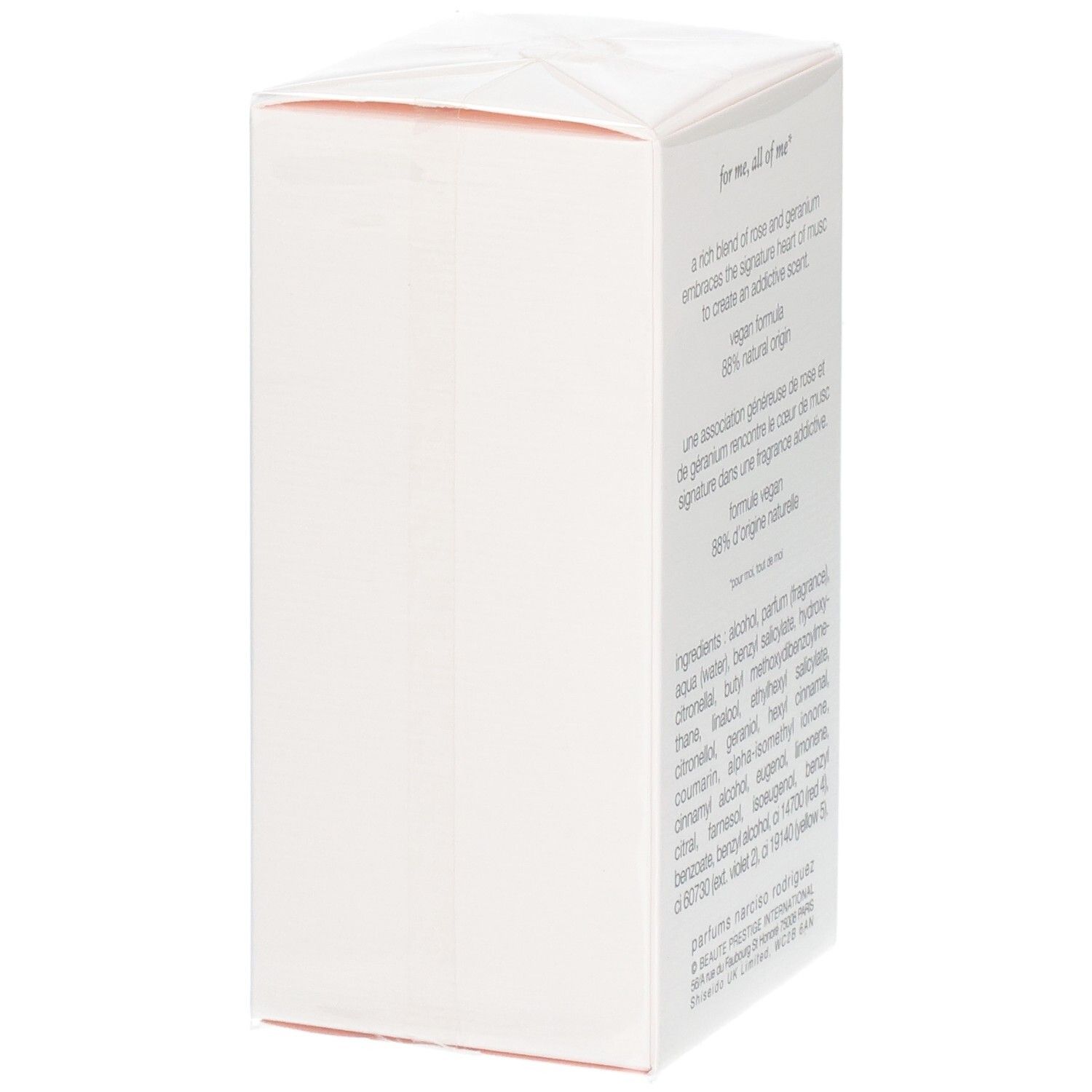 Côté de l'emballage Narciso Rodriguez All of Me Eau de Parfum avec informations produit.