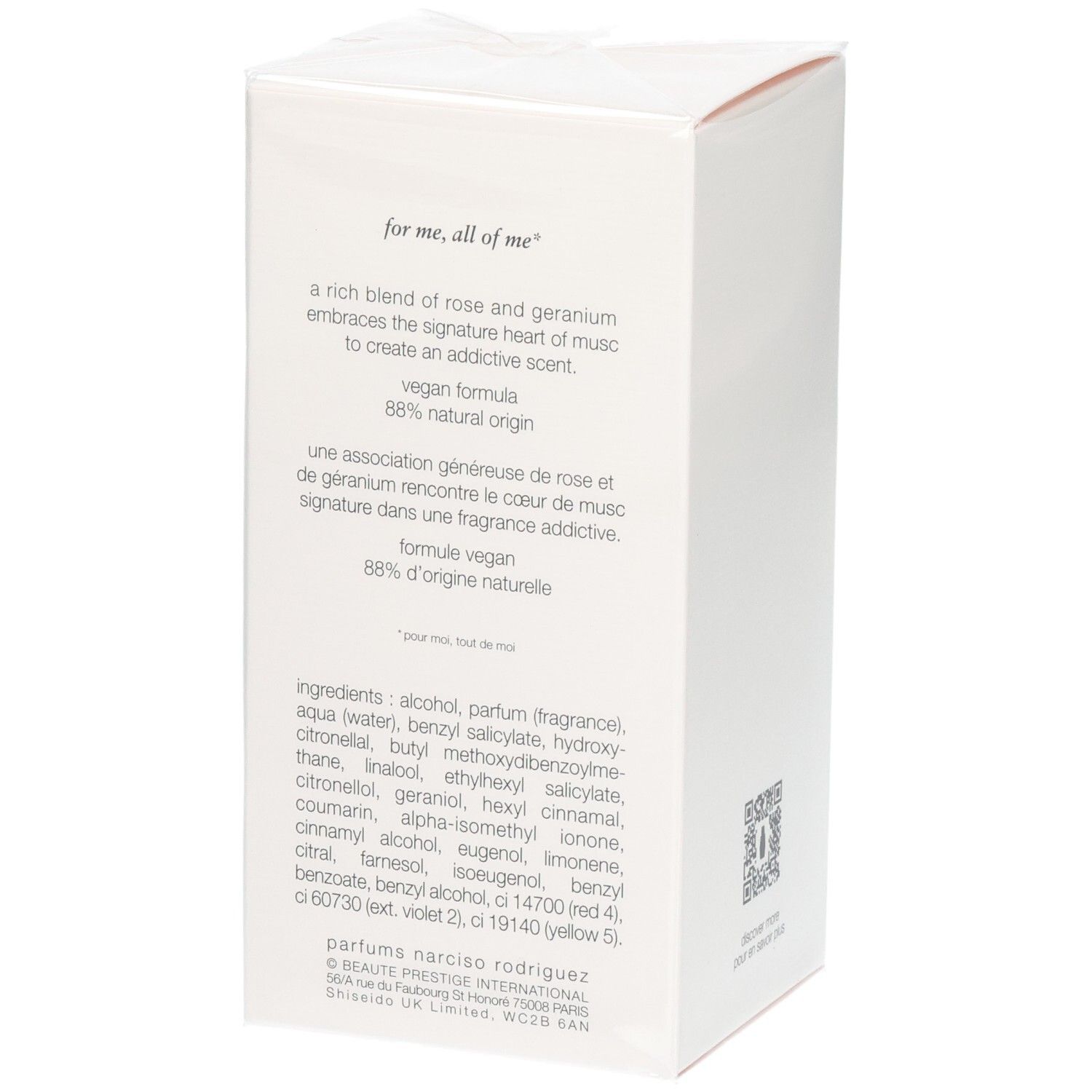 Vue latérale de l'emballage Narciso Rodriguez All of Me Eau de Parfum avec ingrédients.