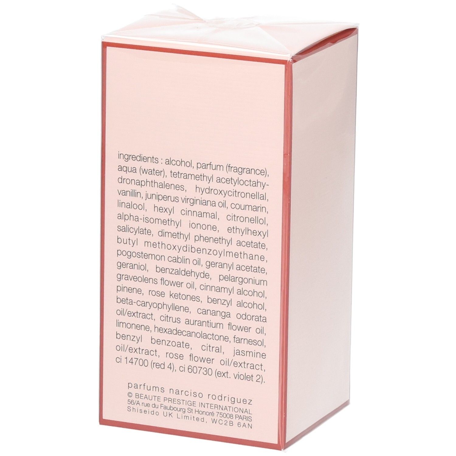 Achterkant van de verpakking van Narciso Rodriguez All of Me Eau de Parfum Florale met ingrediënten.