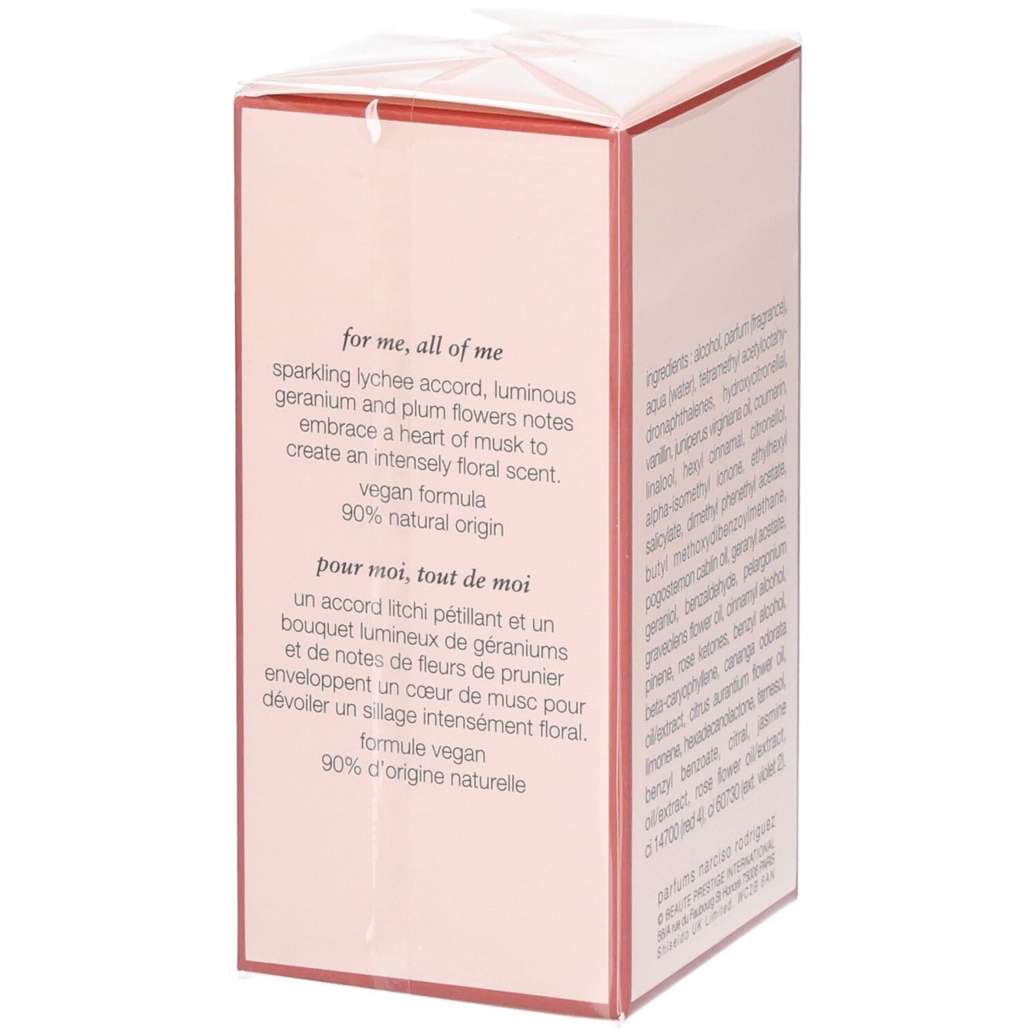 Zijkant van de verpakking van Narciso Rodriguez All of Me Eau de Parfum Florale met beschrijving.