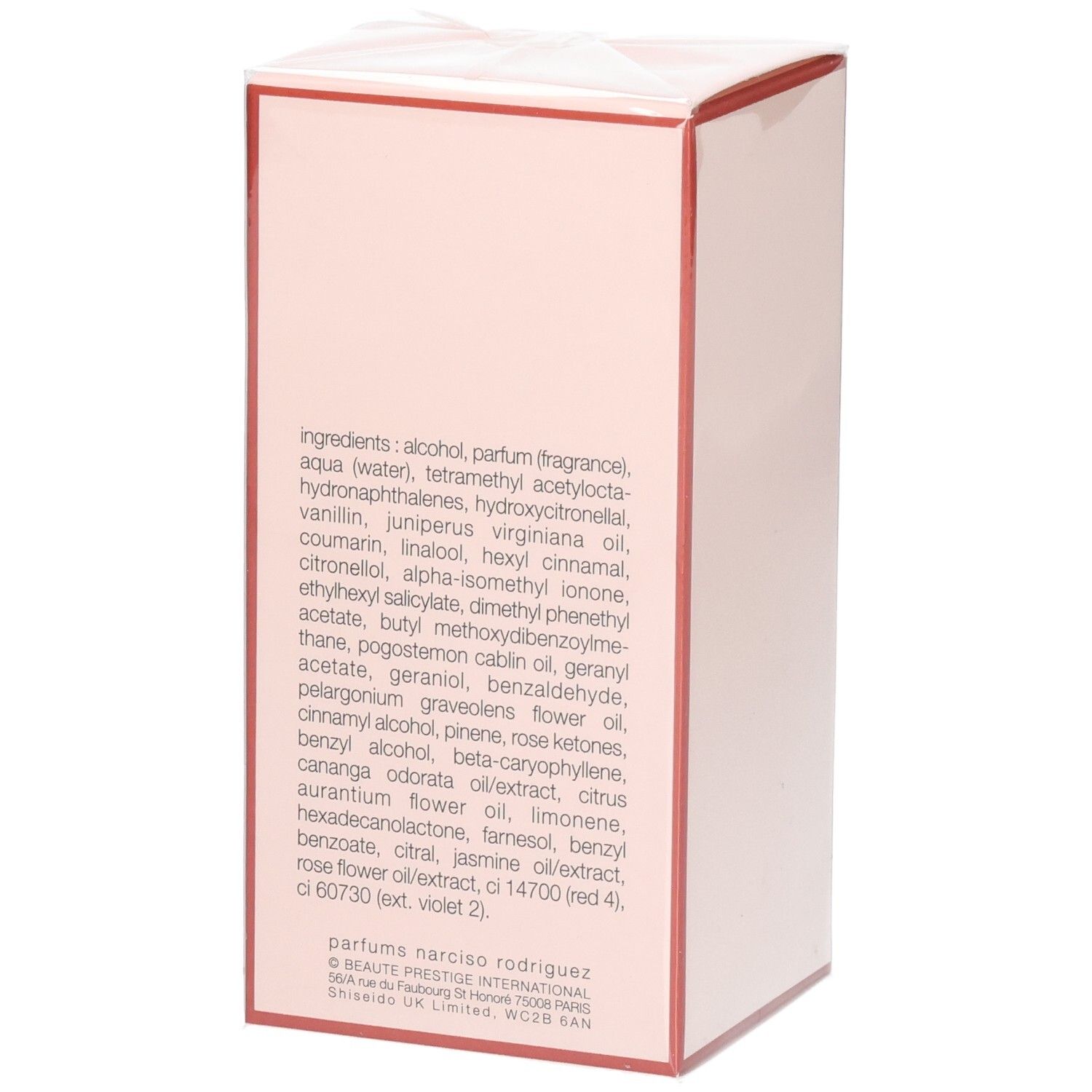 Doos van Narciso Rodriguez All of Me Eau de Parfum Florale, zijaanzicht met ingrediënten.