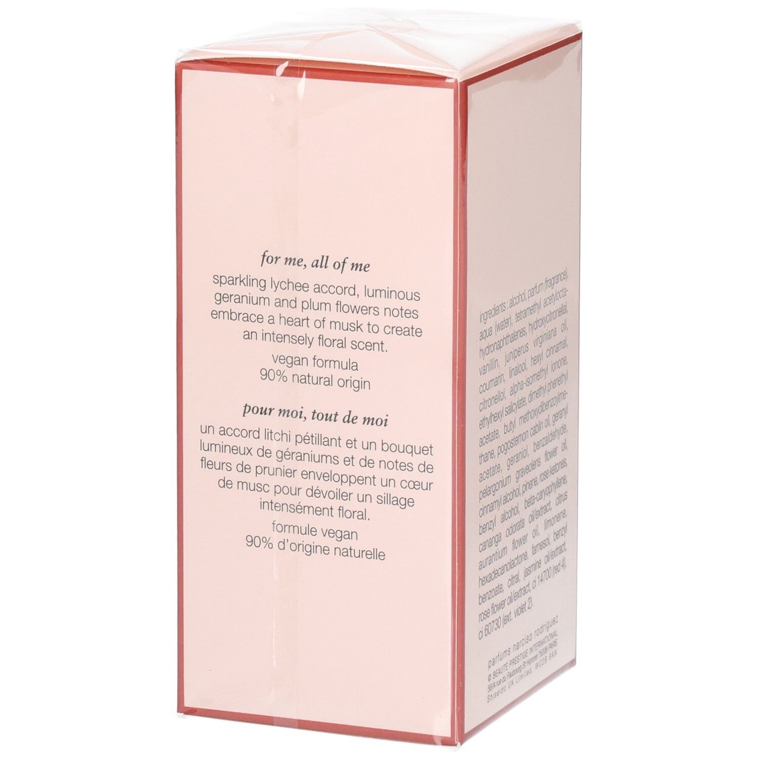 Doos van Narciso Rodriguez All of Me Eau de Parfum Florale, zijaanzicht met beschrijving.