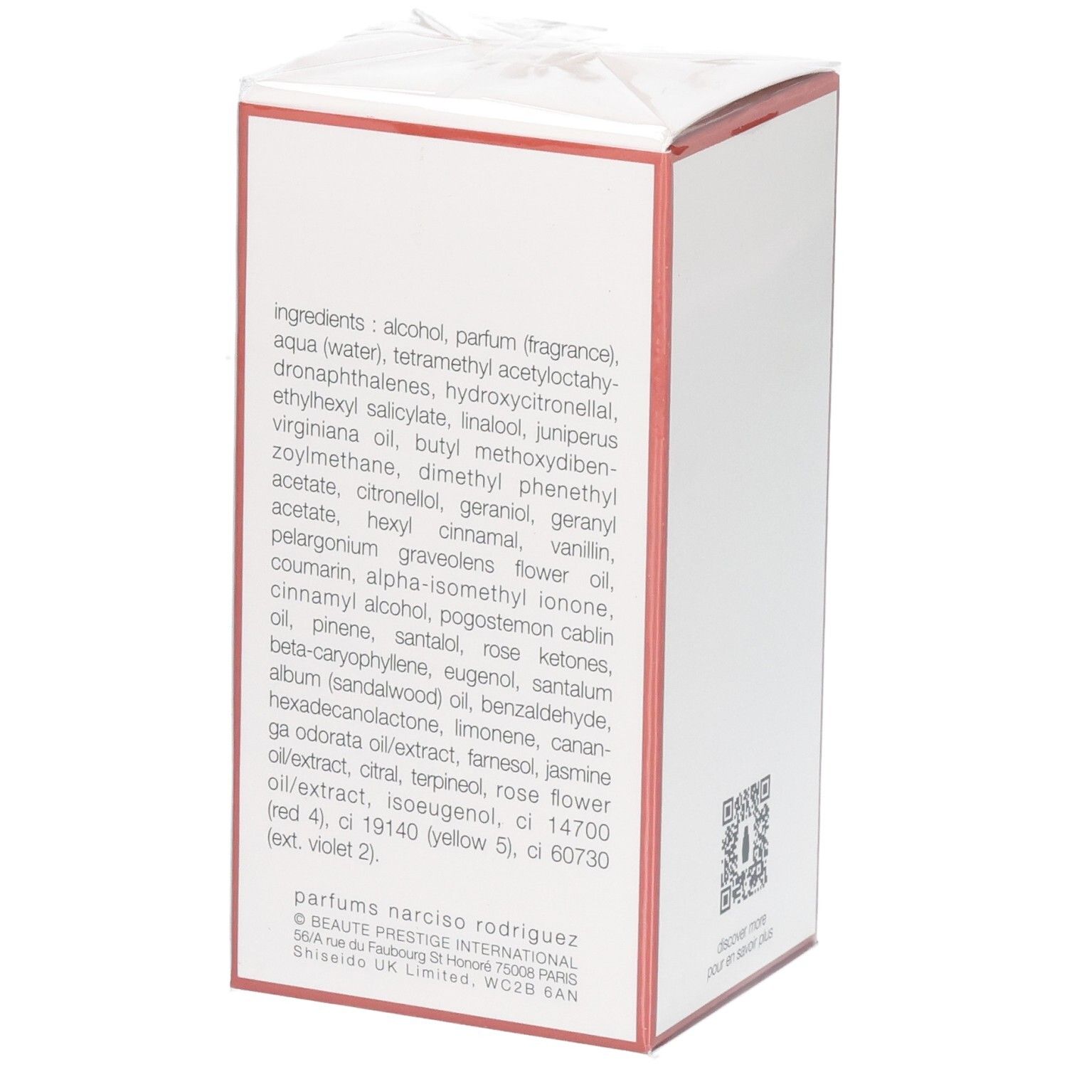 Boîte avec liste d'ingrédients et code QR. Marque : Narciso Rodriguez.