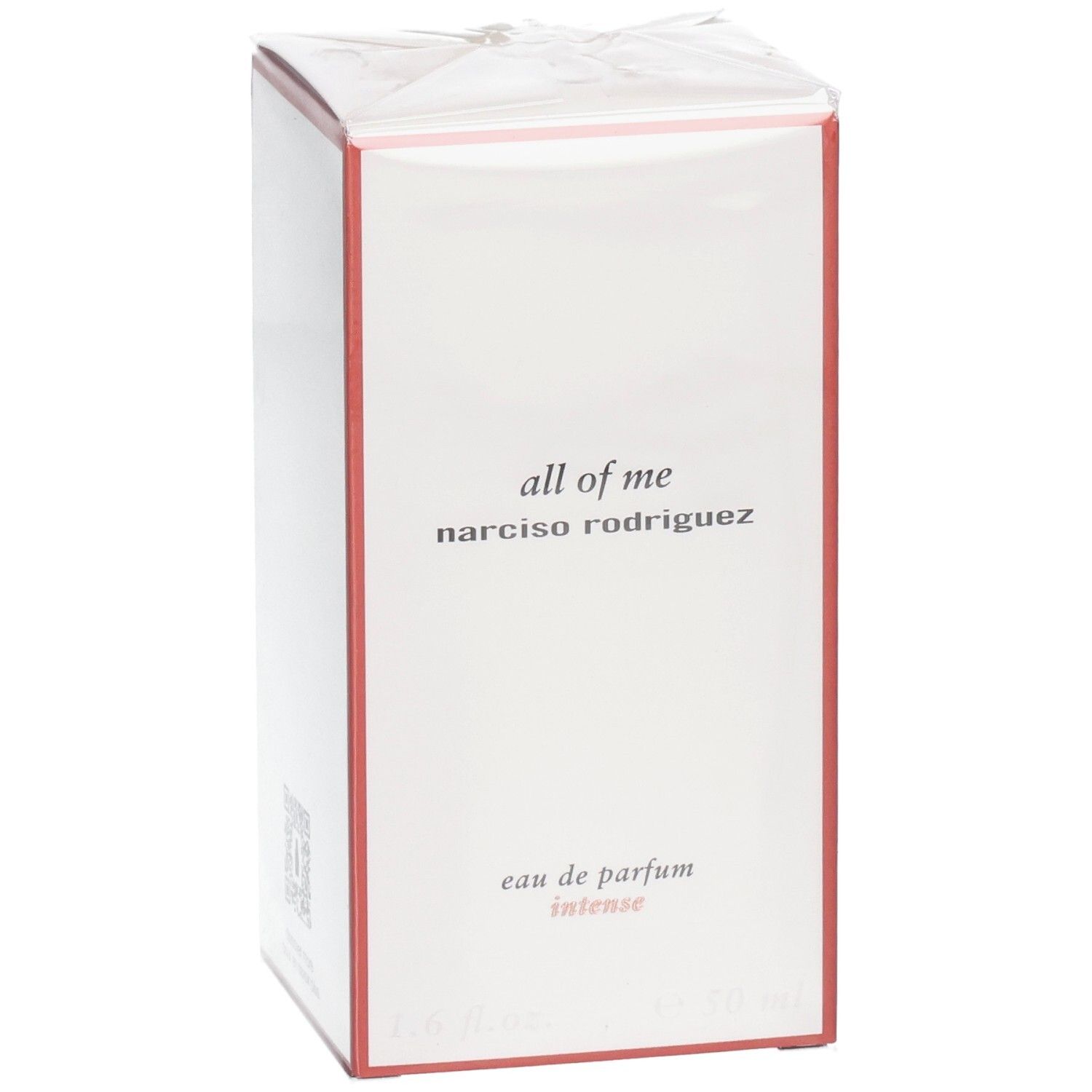 Boîte pour Narciso Rodriguez All of Me Eau de Parfum Intense, blanche avec des accents rouges.