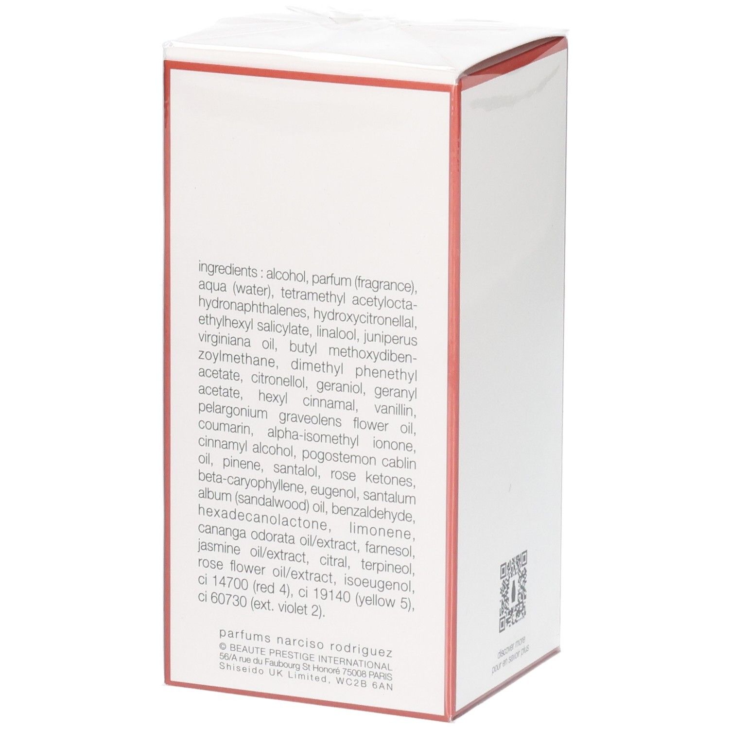 Zijaanzicht van de Narciso Rodriguez All of Me Eau de Parfum Intense verpakking met ingrediënten.