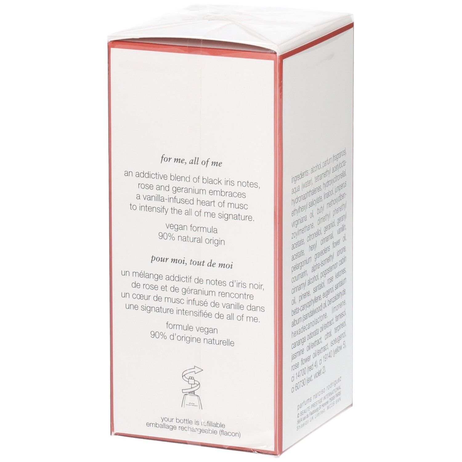 Zijde van de Narciso Rodriguez All of Me Eau de Parfum Intense verpakking met geurbeschrijving.