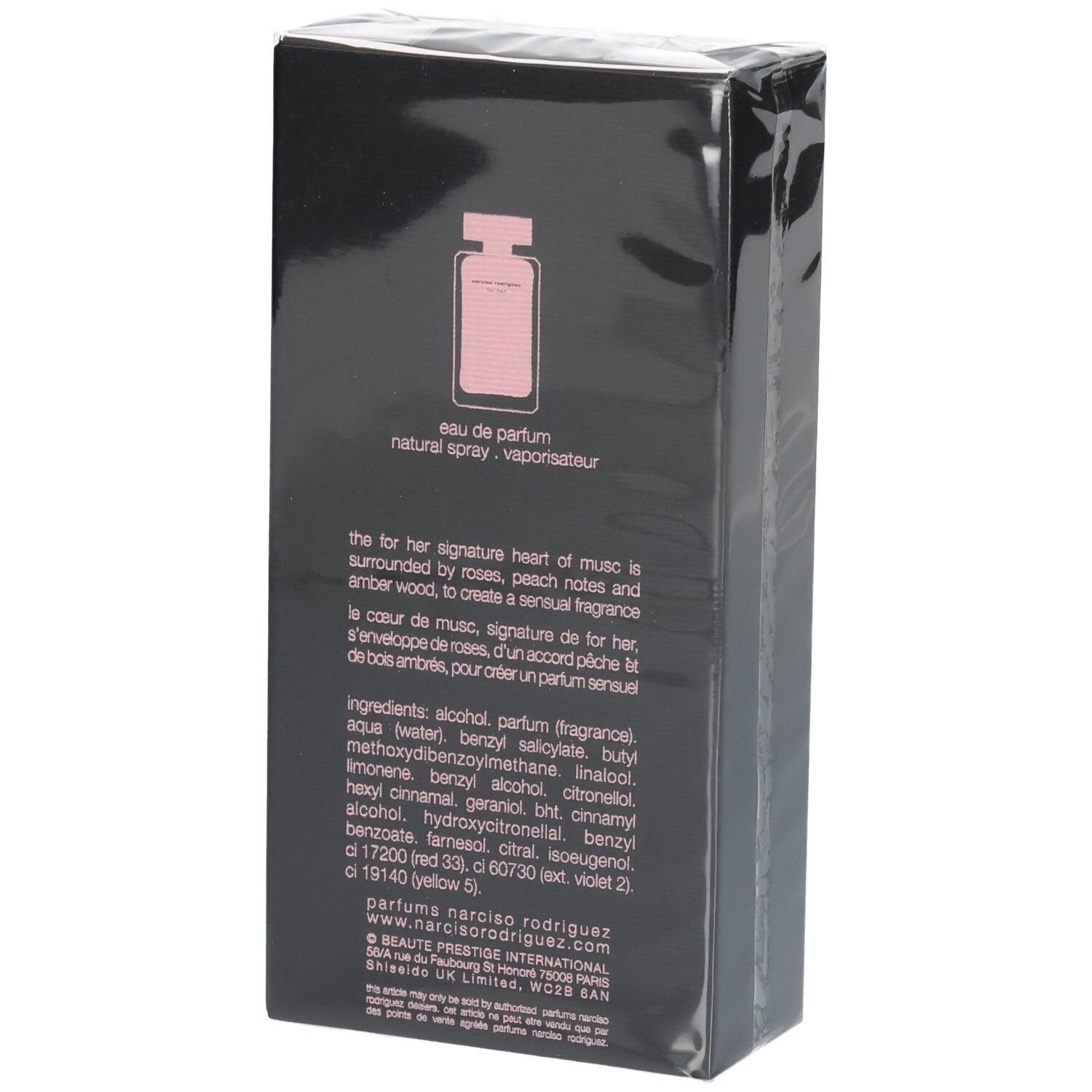 Arrière de l'emballage Narciso Rodriguez For Her Eau de Parfum 100ml avec ingrédients.