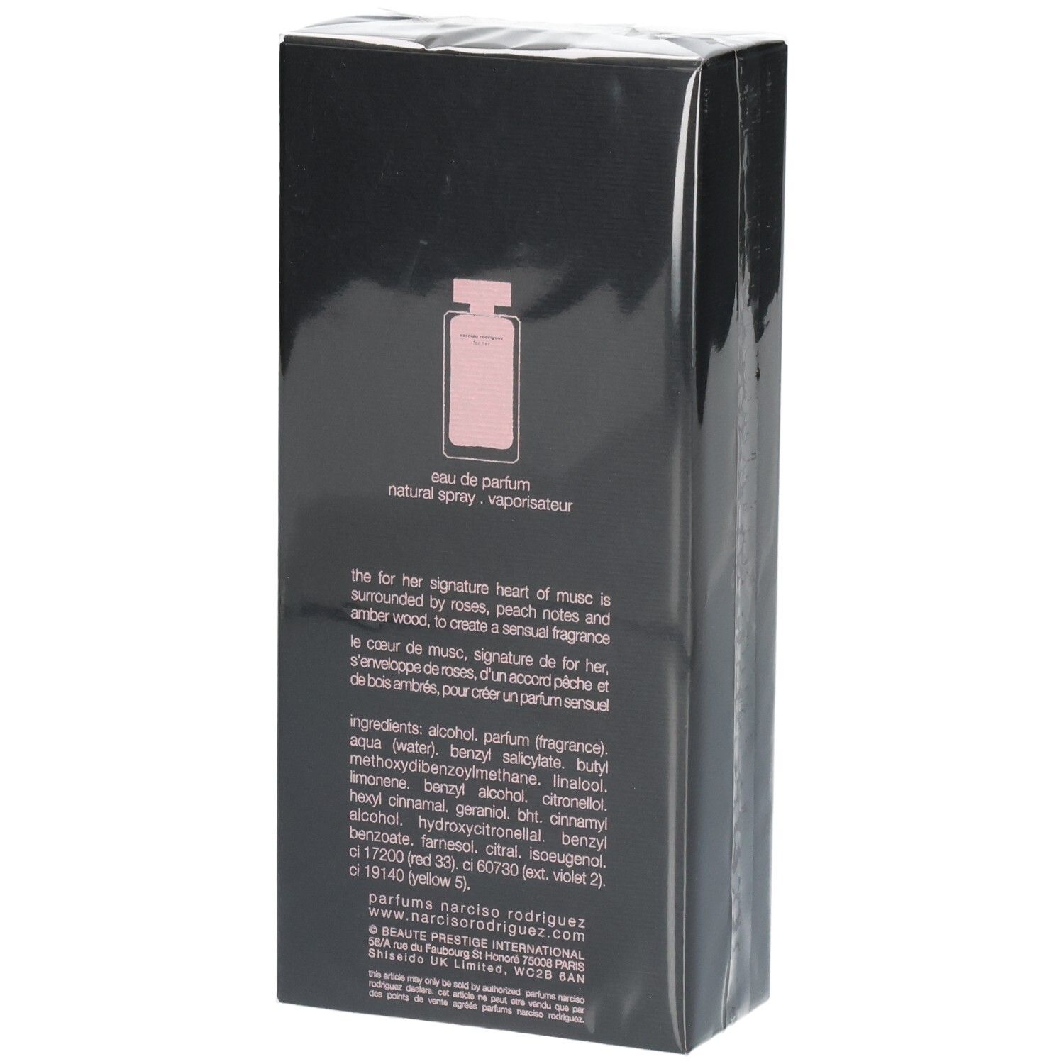 Arrière du coffret cadeau Narciso Rodriguez For Her Eau de Parfum avec description du parfum et ingrédients.