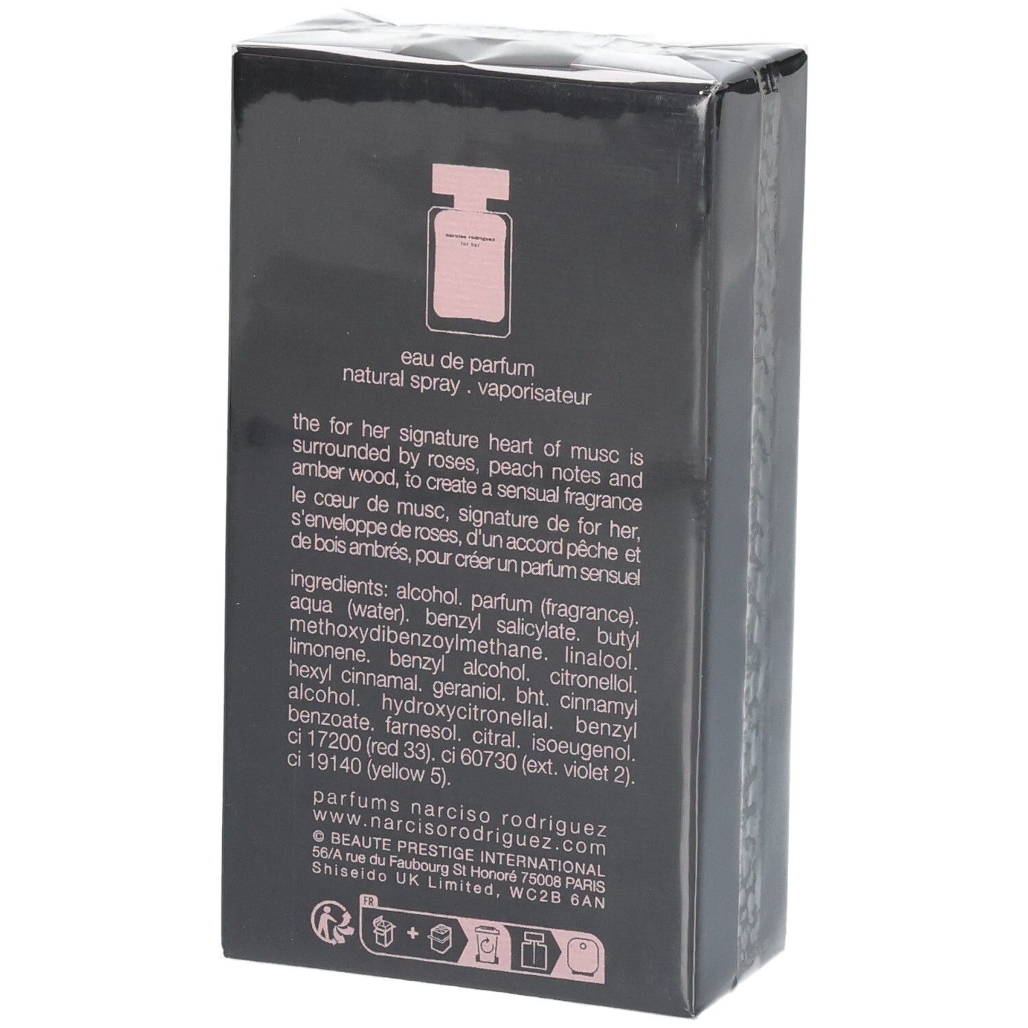 Arrière de l'emballage Narciso Rodriguez For Her Eau de Parfum 50 ml avec ingrédients.