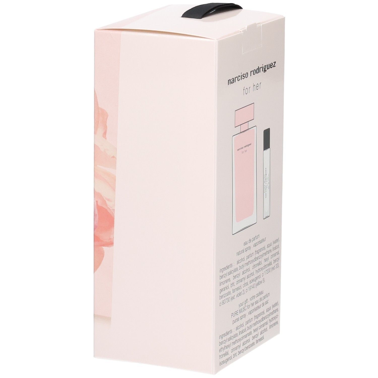 Coffret montrant le flacon et le vaporisateur de voyage. Narciso Rodriguez For Her Eau de Parfum.
