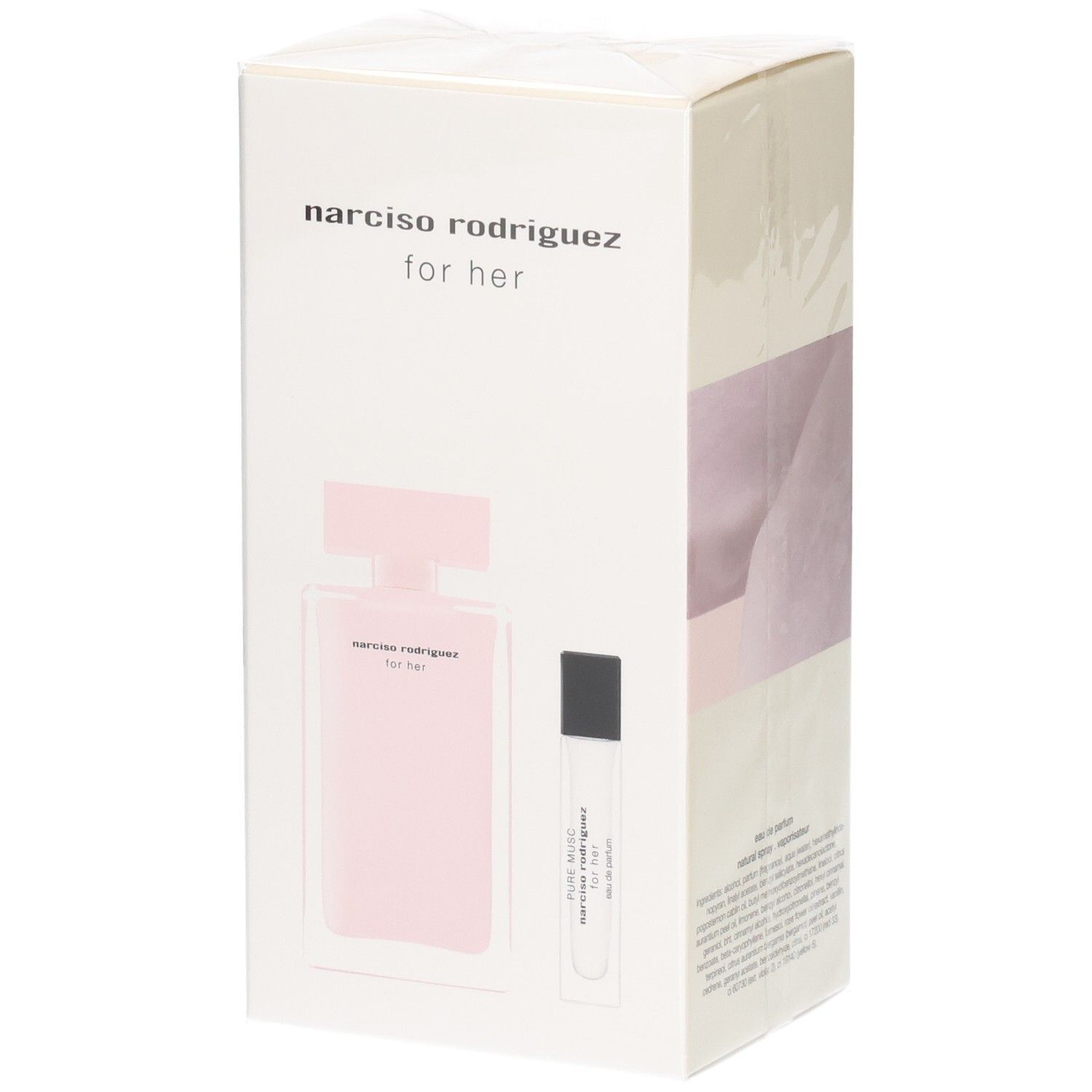 Coffret Narciso Rodriguez For Her : flacon Eau de Parfum rose et un vaporisateur de sac.