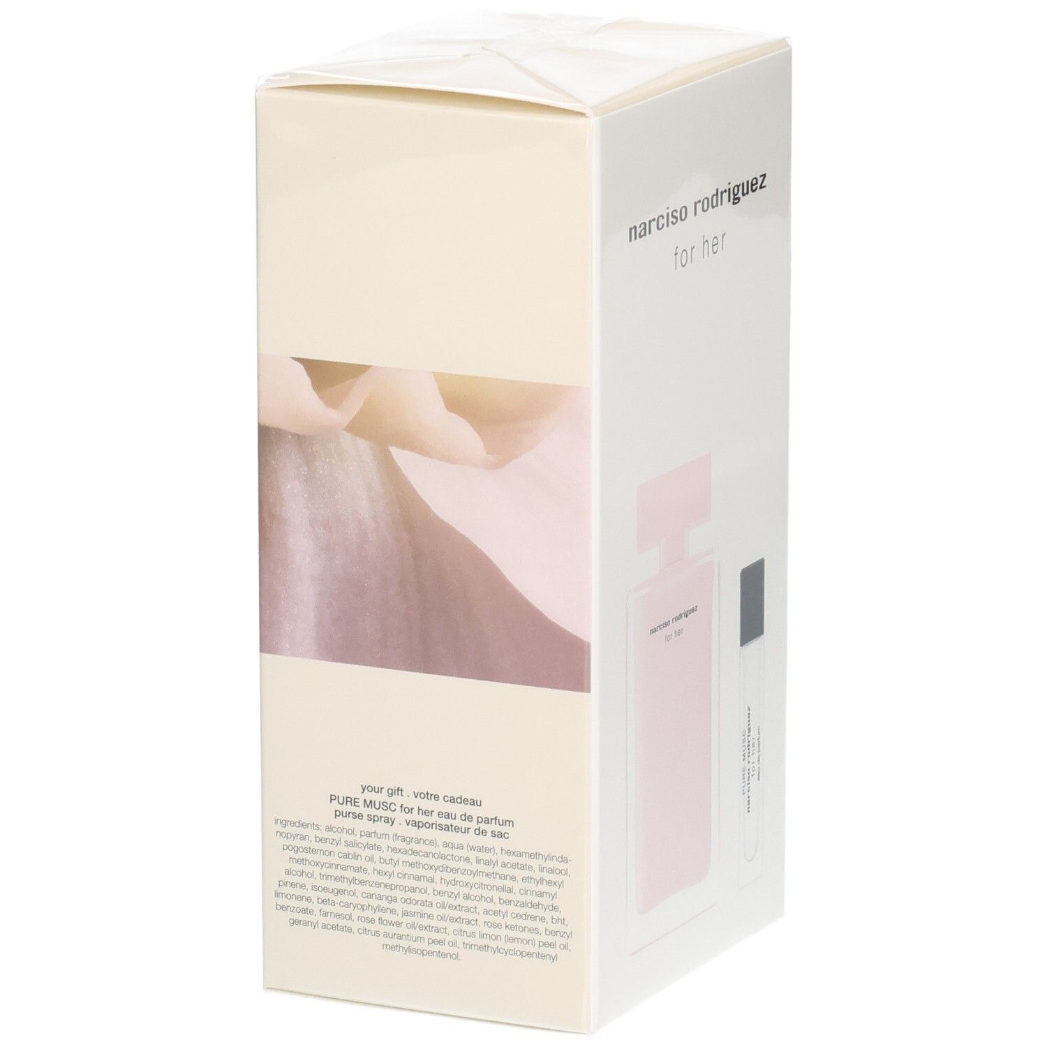 Emballage Narciso Rodriguez For Her Coffret avec flacon Eau de Parfum rose et vaporisateur.