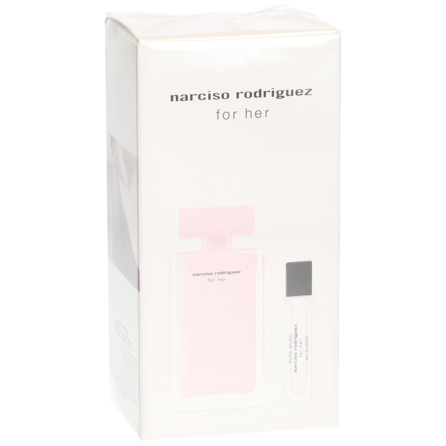 Coffret Narciso Rodriguez For Her : flacon Eau de Parfum rose et un vaporisateur de sac.