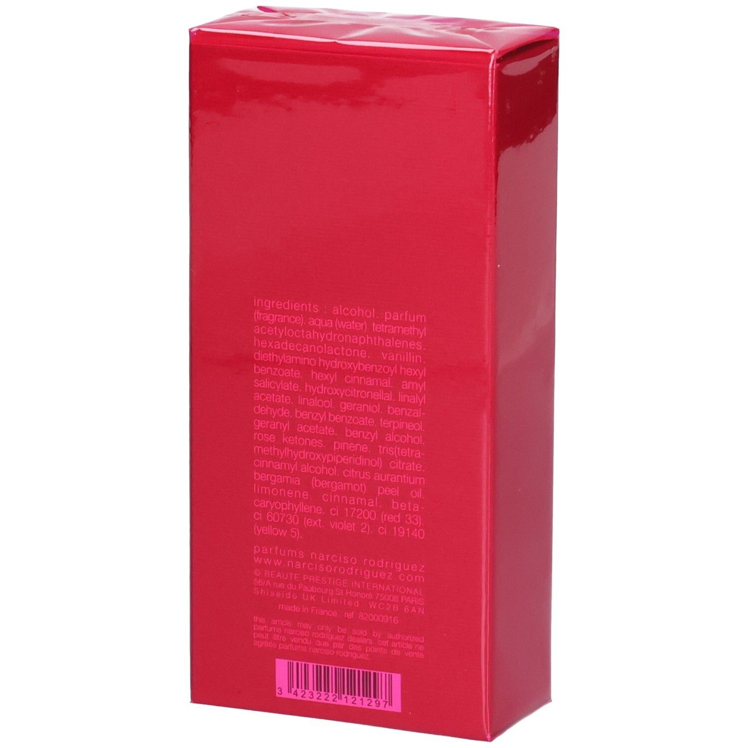 Boîte rouge pour Narciso Rodriguez For Her Eau de Parfum Intense 100 ml, dos avec ingrédients.