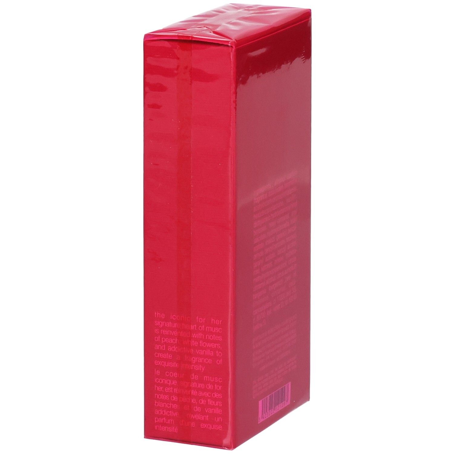 Boîte rouge pour Narciso Rodriguez For Her Eau de Parfum Intense 100 ml, côté avec description.