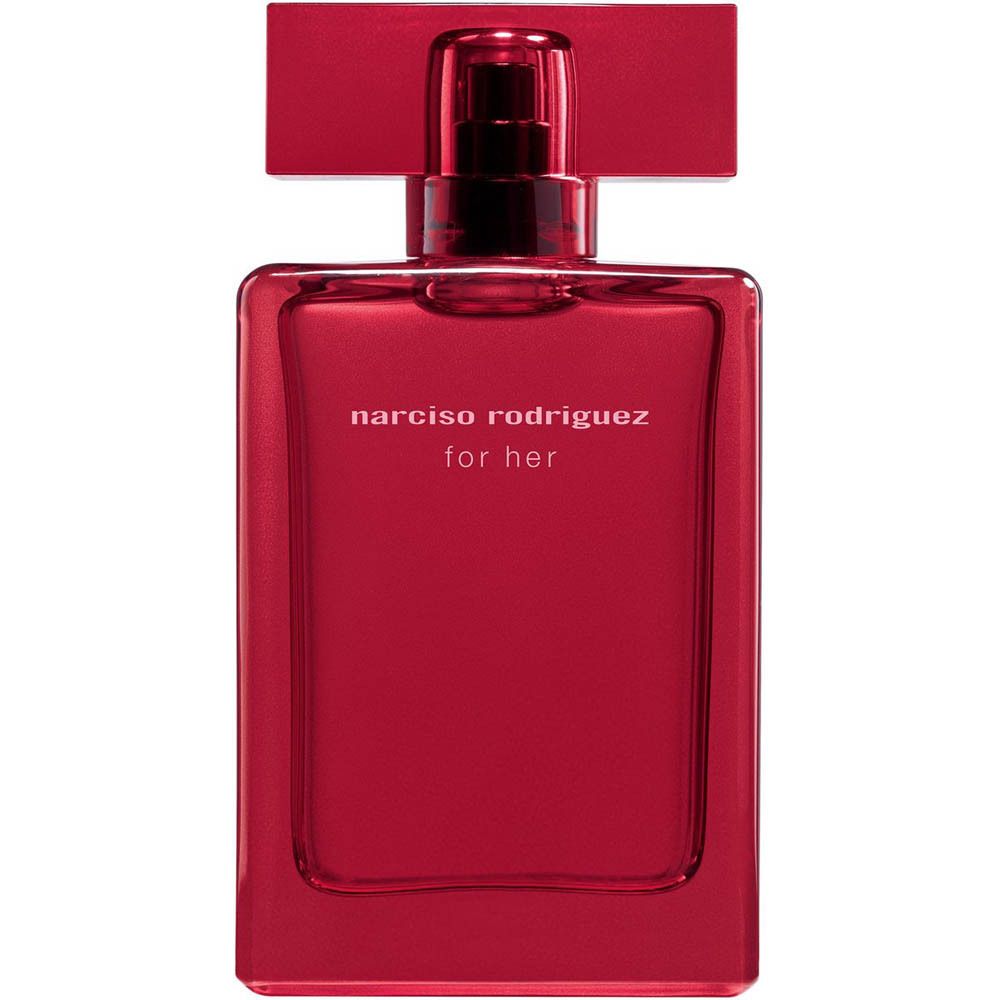 Rode glazen fles Narciso Rodriguez For Her Eau de Parfum Intense met verstuiver.