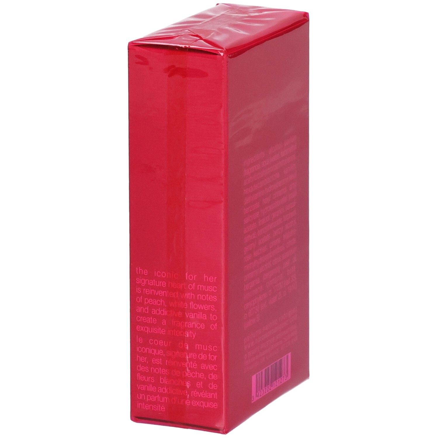 Vue latérale de la boîte rouge Narciso Rodriguez For Her Eau de Parfum Intense avec description.