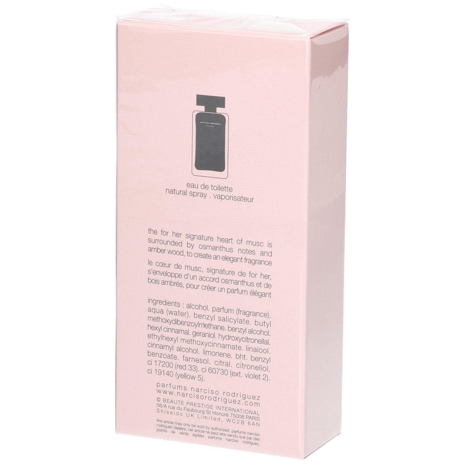 Arrière de la boîte Narciso Rodriguez For Her Eau de Toilette avec pyramide olfactive et ingrédients.