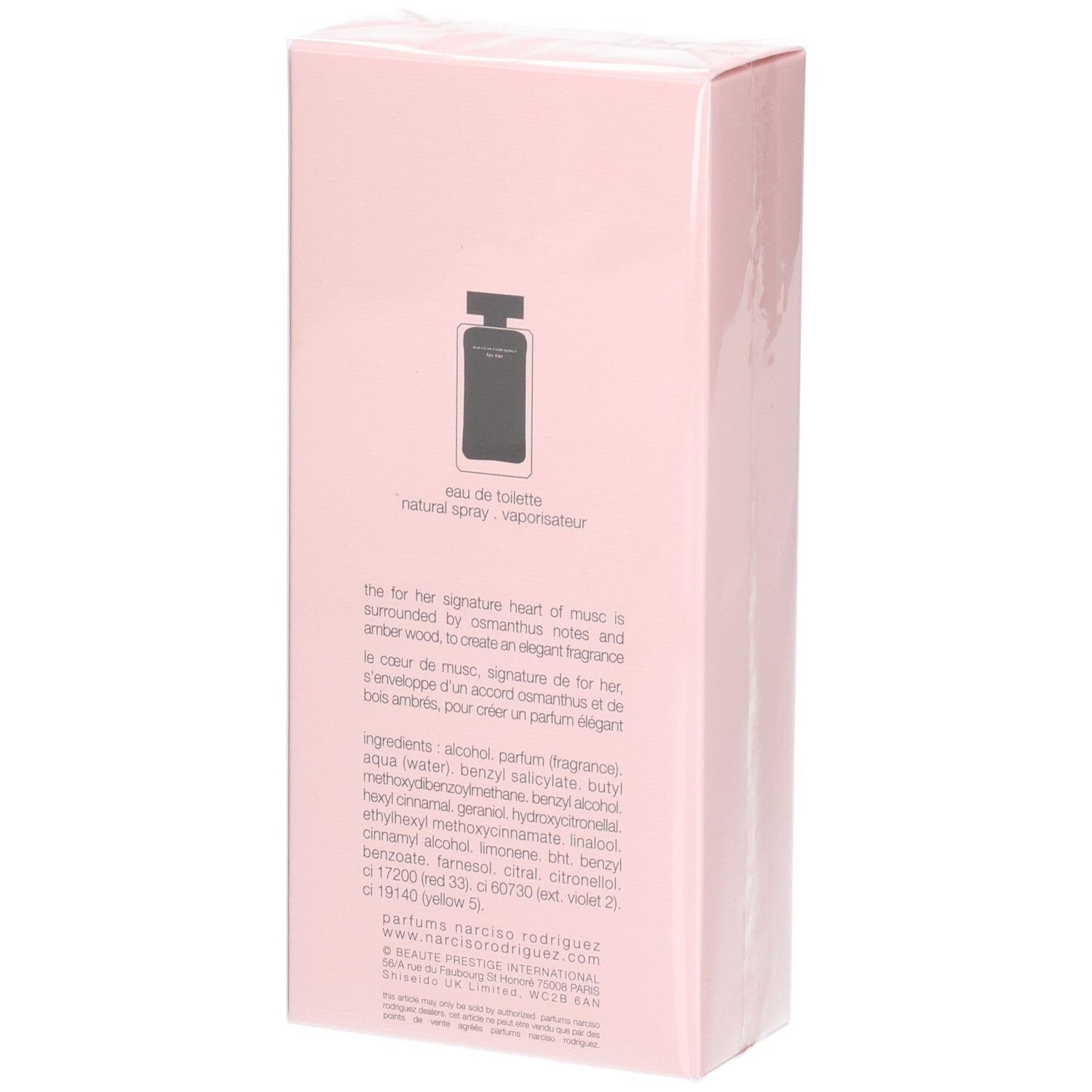 Arrière de la boîte rose Narciso Rodriguez For Her Eau de Toilette avec notes de parfum.