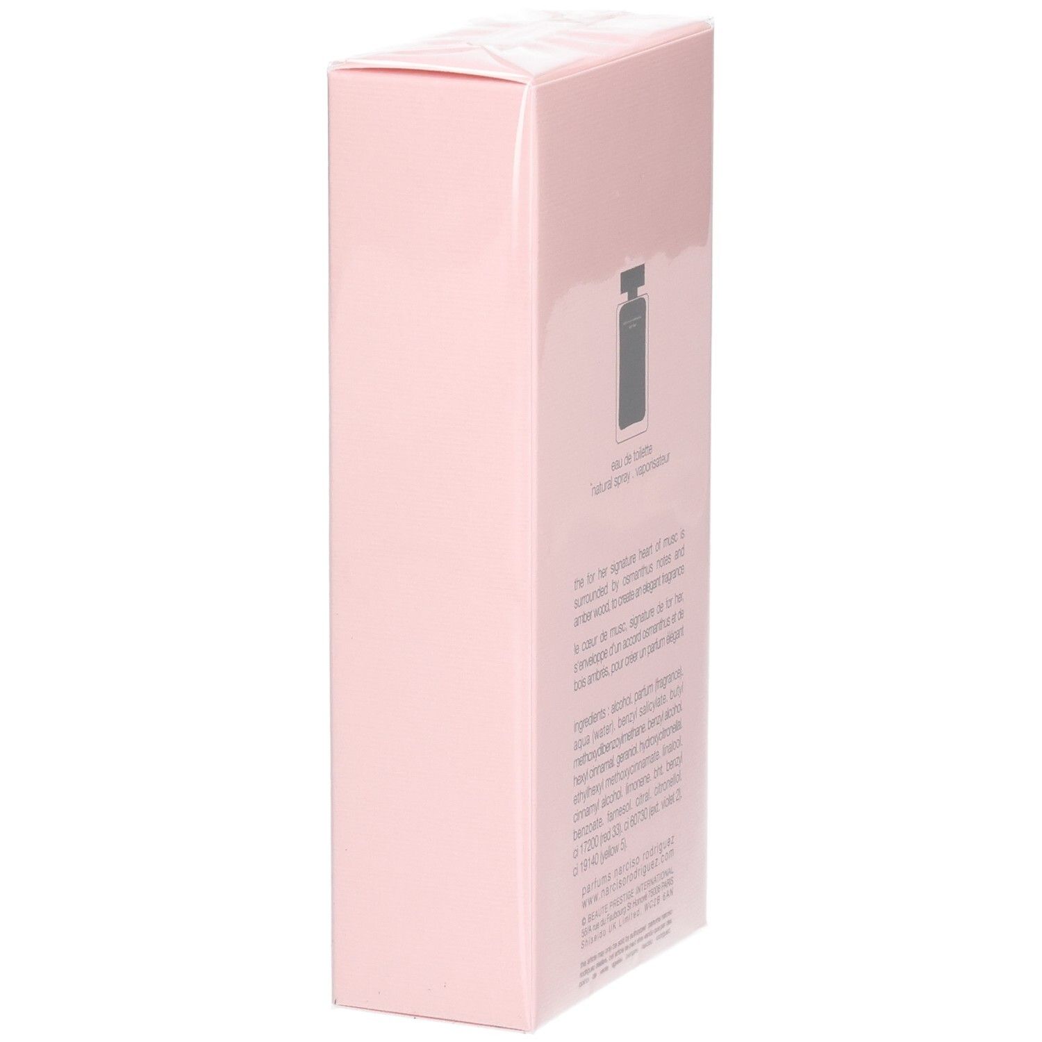 Côté de la boîte rose Narciso Rodriguez For Her Eau de Toilette avec notes de parfum.