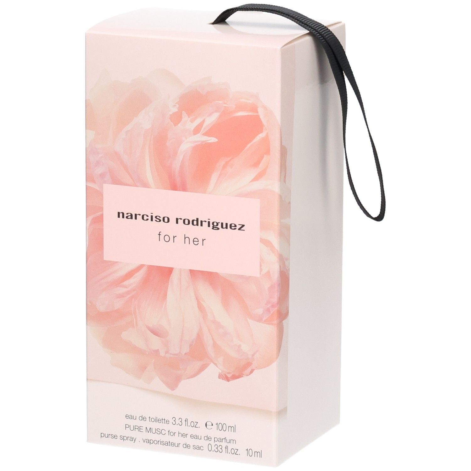 Coffret pour 'Narciso Rodriguez for her' Eau de Toilette (100ml) et Vaporisateur de sac (10ml). Rose avec motif floral et boucle noire.