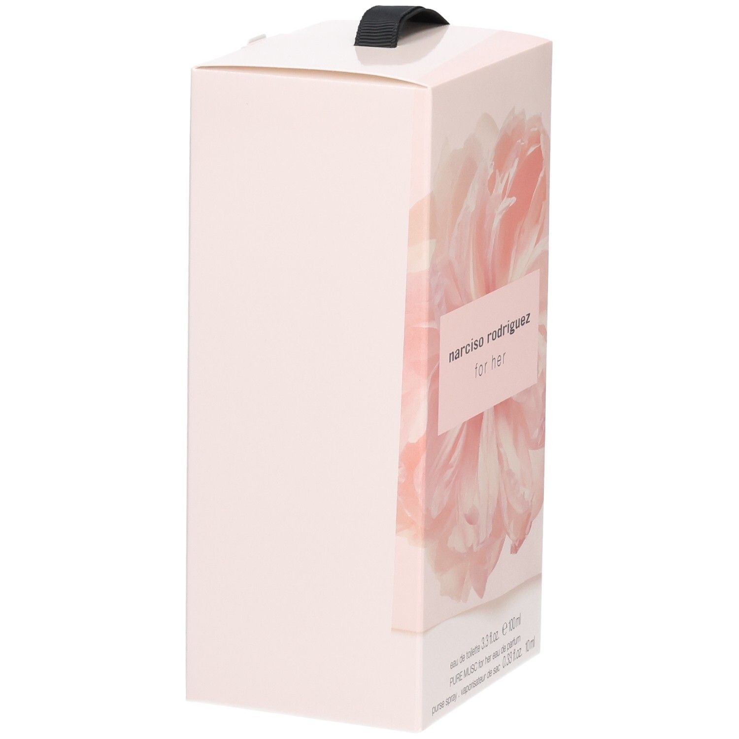 Boîte cadeau rose pâle avec motif floral et boucle noire. Inscription Narciso Rodriguez for her.