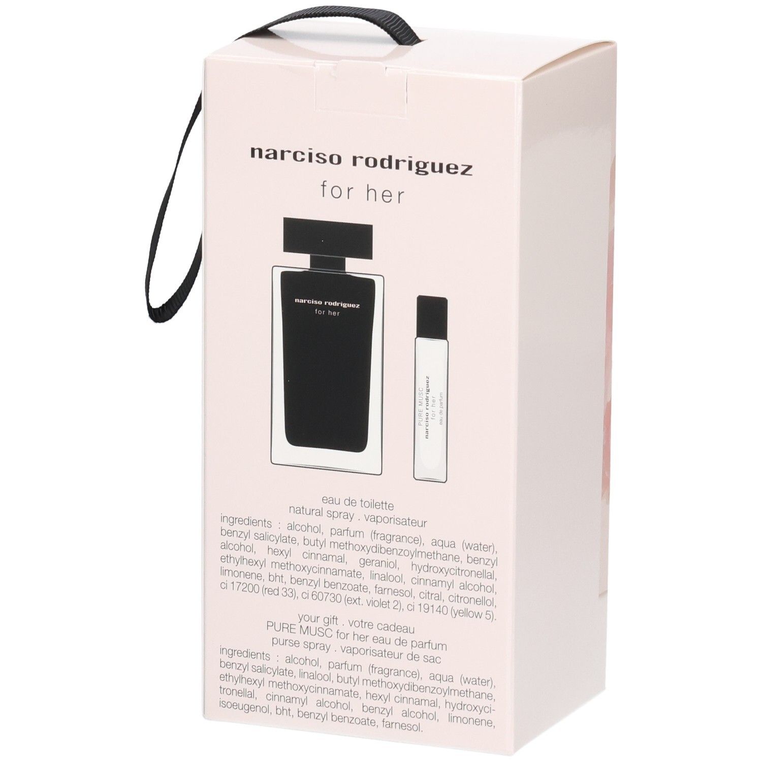 Coffret cadeau Narciso Rodriguez For Her Eau de Toilette et vaporisateur miniature.