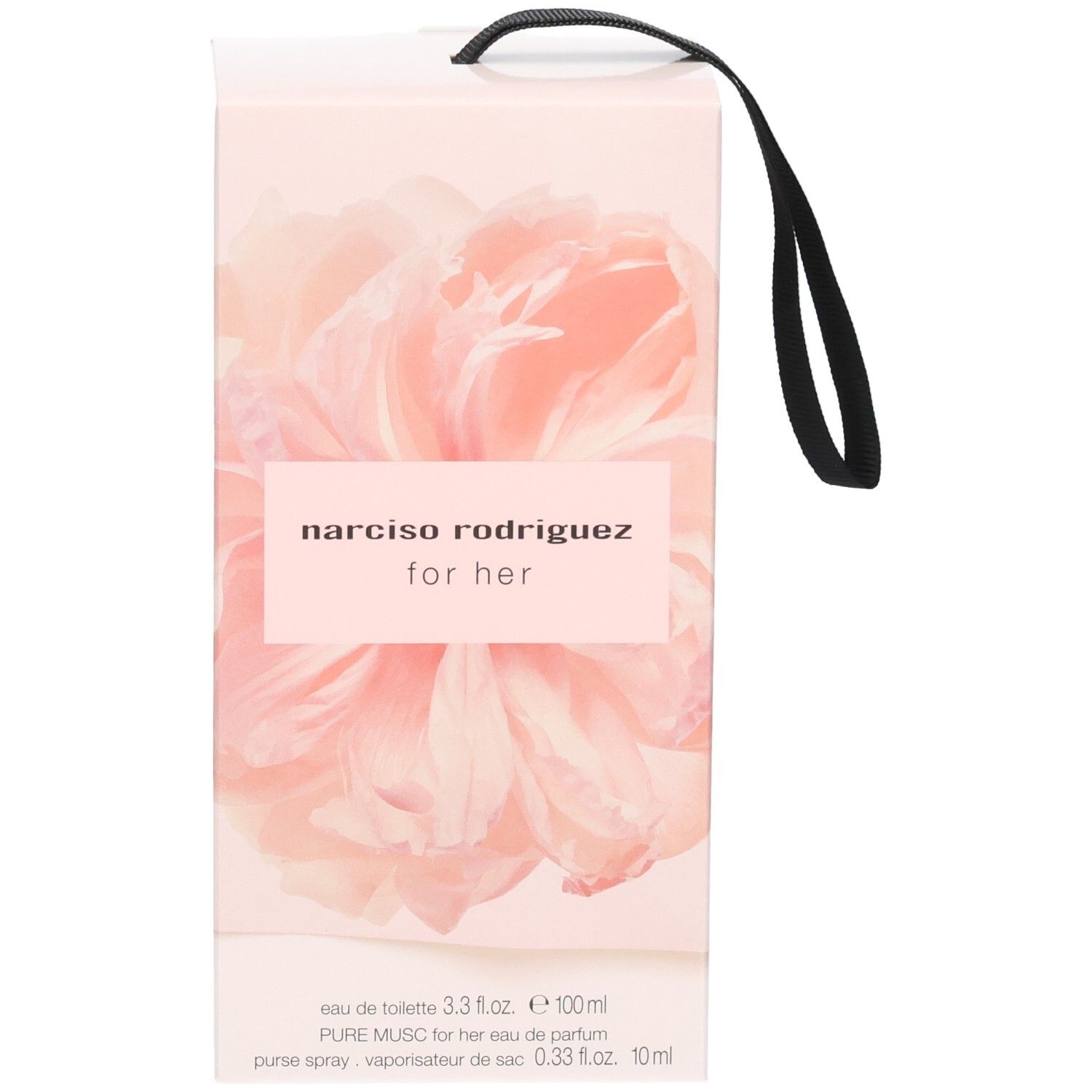 NARCISO RODRIGUEZ for her Eau de Toilette, 100ml. Boîte rose à motif floral avec une boucle noire.