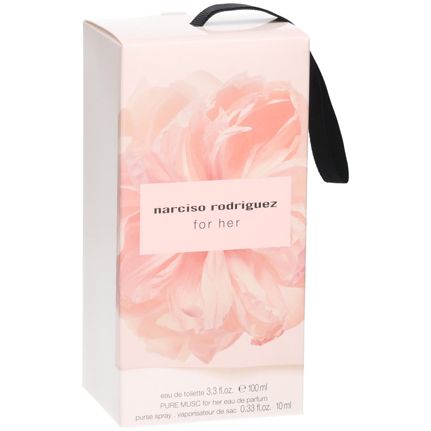 Boîte pour Narciso Rodriguez For Her Eau de Toilette, 100ml, avec motif floral et ruban.