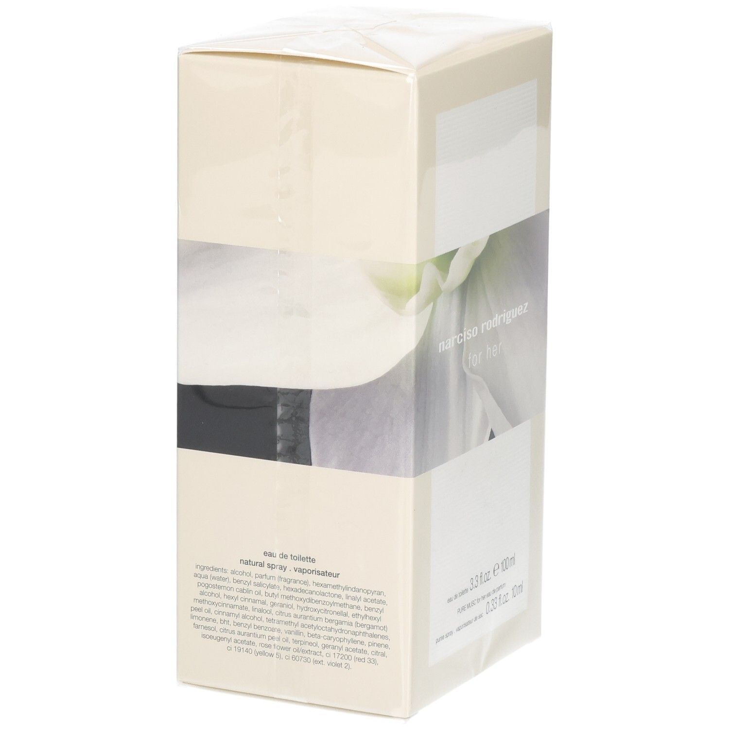 Vue latérale de l'emballage du produit avec inscription Narciso Rodriguez for her et détails du contenu.