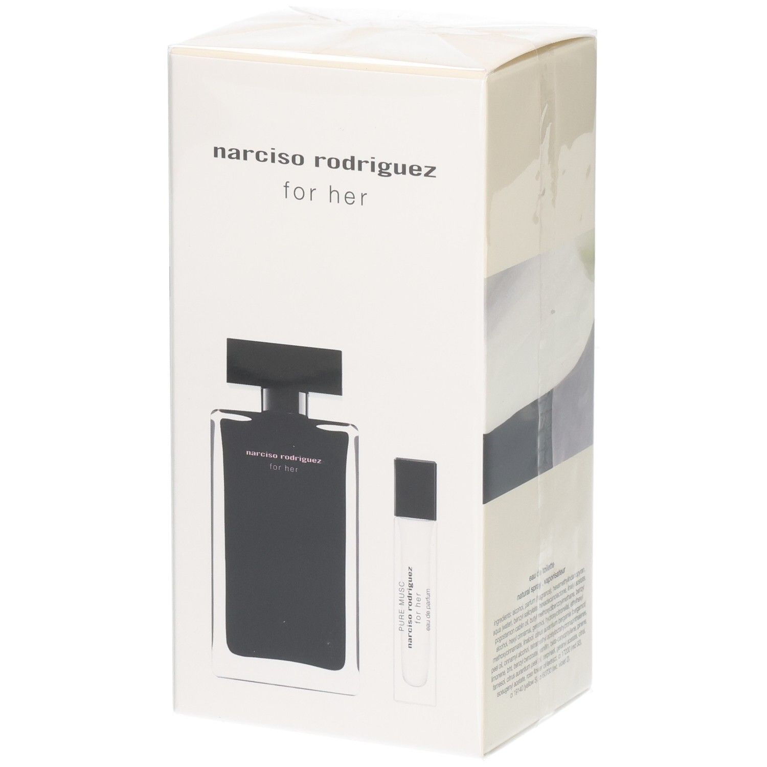 Emballage montrant les illustrations d'une bouteille noire d'Eau de Toilette et d'un petit vaporisateur.