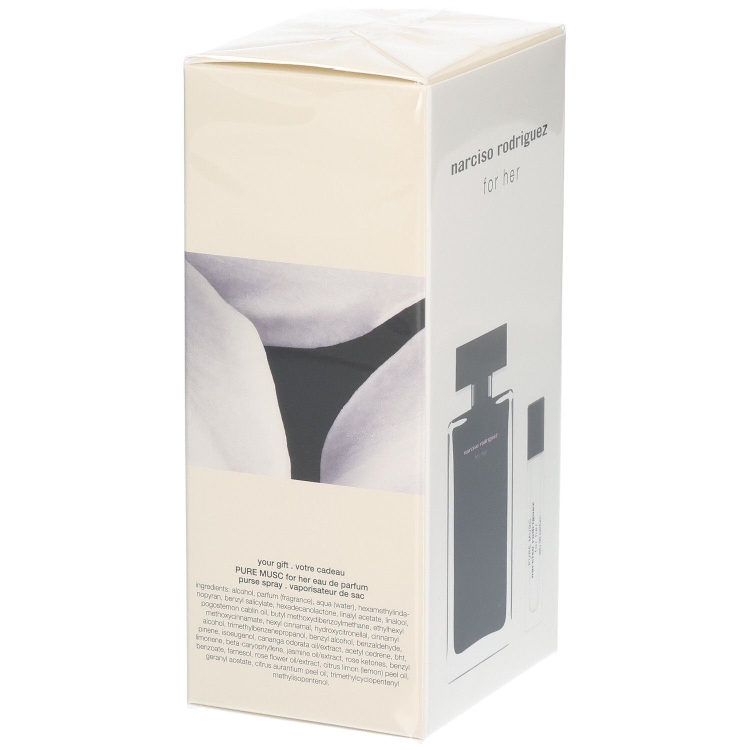 Emballage avec logo Narciso Rodriguez for her, motif floral et illustration d'une bouteille de parfum.