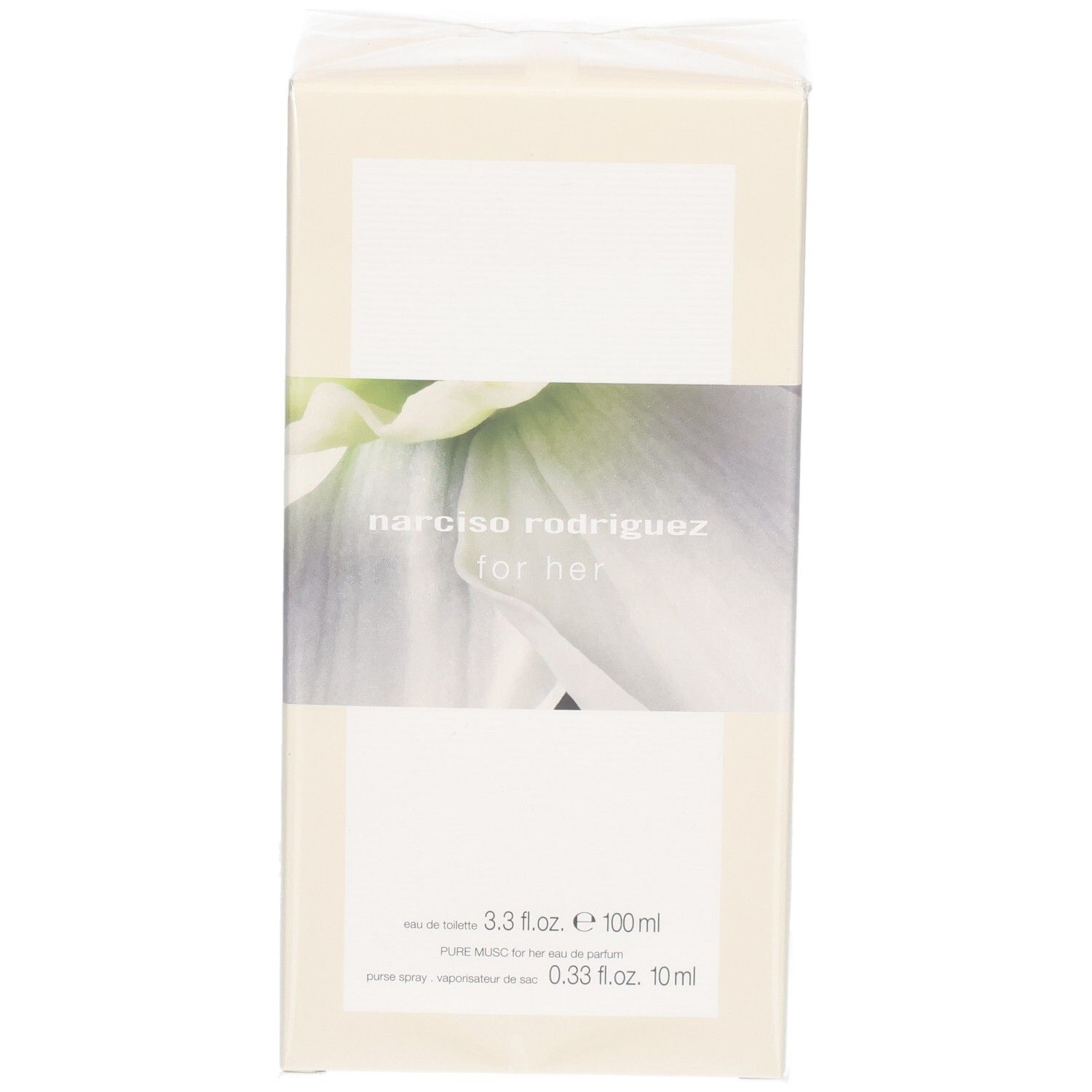 Boîte avec logo Narciso Rodriguez for her et motif floral. Contient 100ml Eau de Toilette et 10ml Pure Musc.