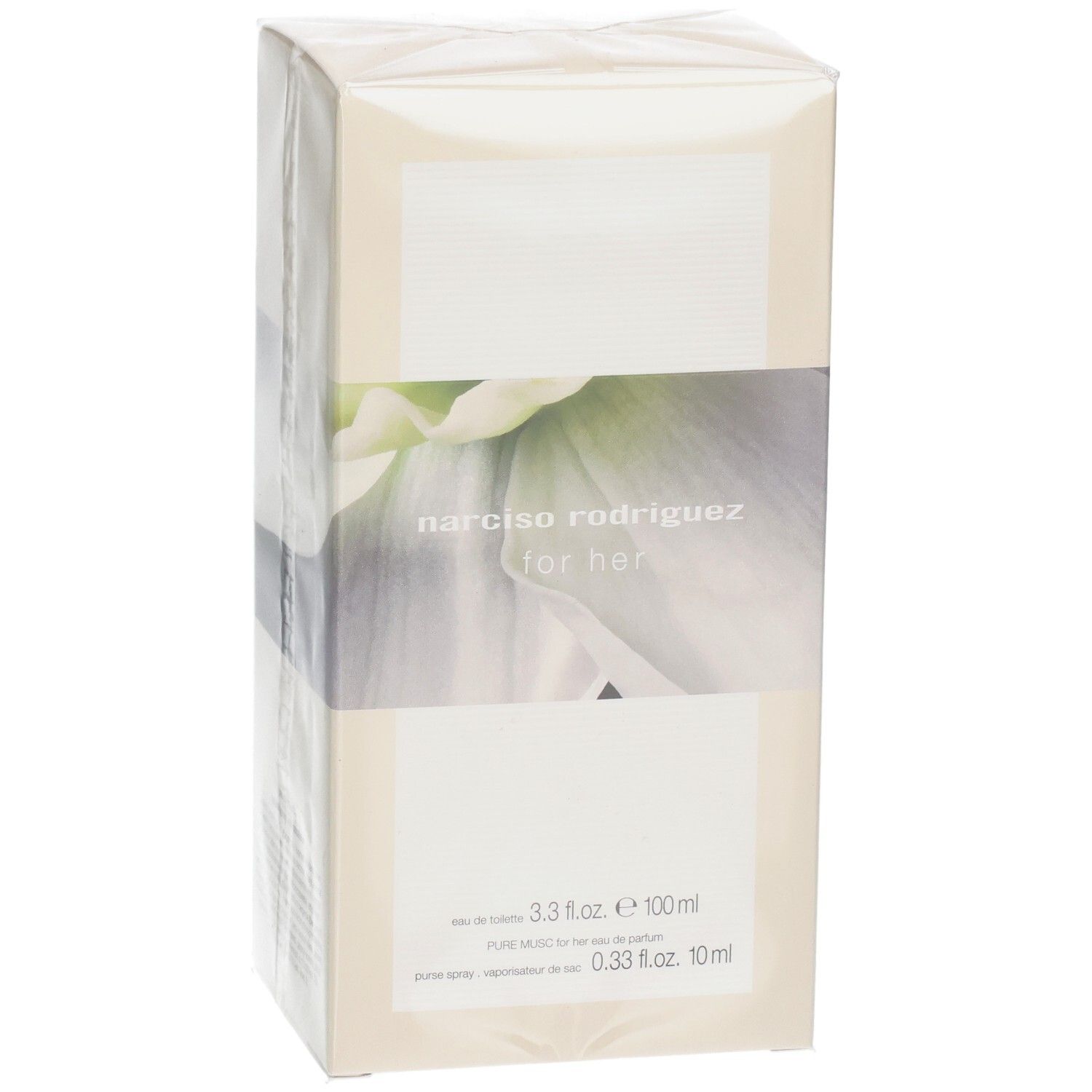 Boîte avec logo Narciso Rodriguez for her et motif floral. Contient 100ml Eau de Toilette et 10ml Pure Musc.