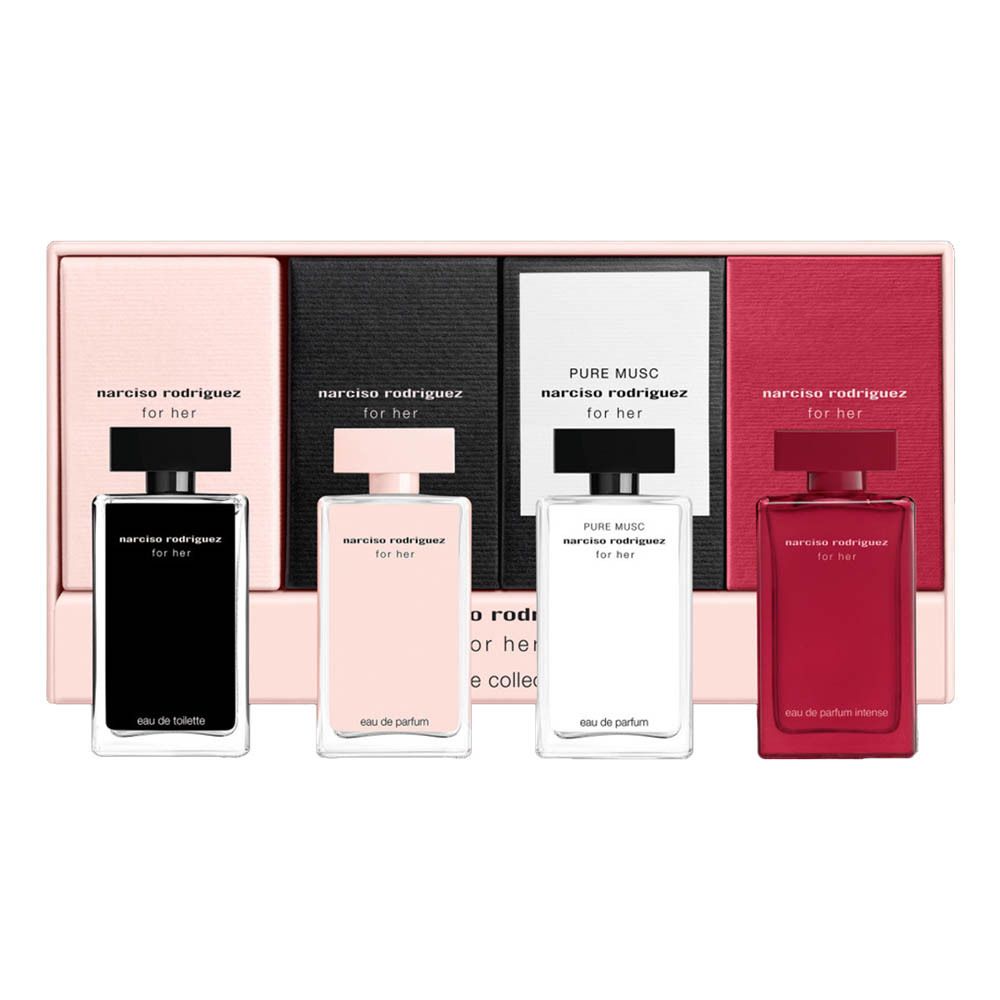 Narciso Rodriguez for Her Collection : quatre flacons de parfum dans un emballage noir, rose, blanc et rouge.