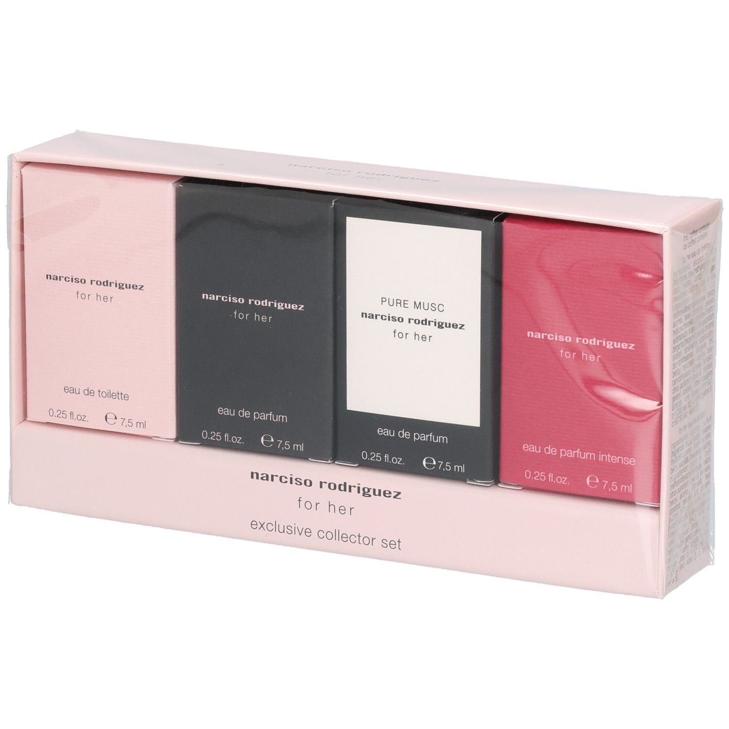 Set collector Narciso Rodriguez for Her : quatre flacons de parfum roses, gris, blancs et rouges.