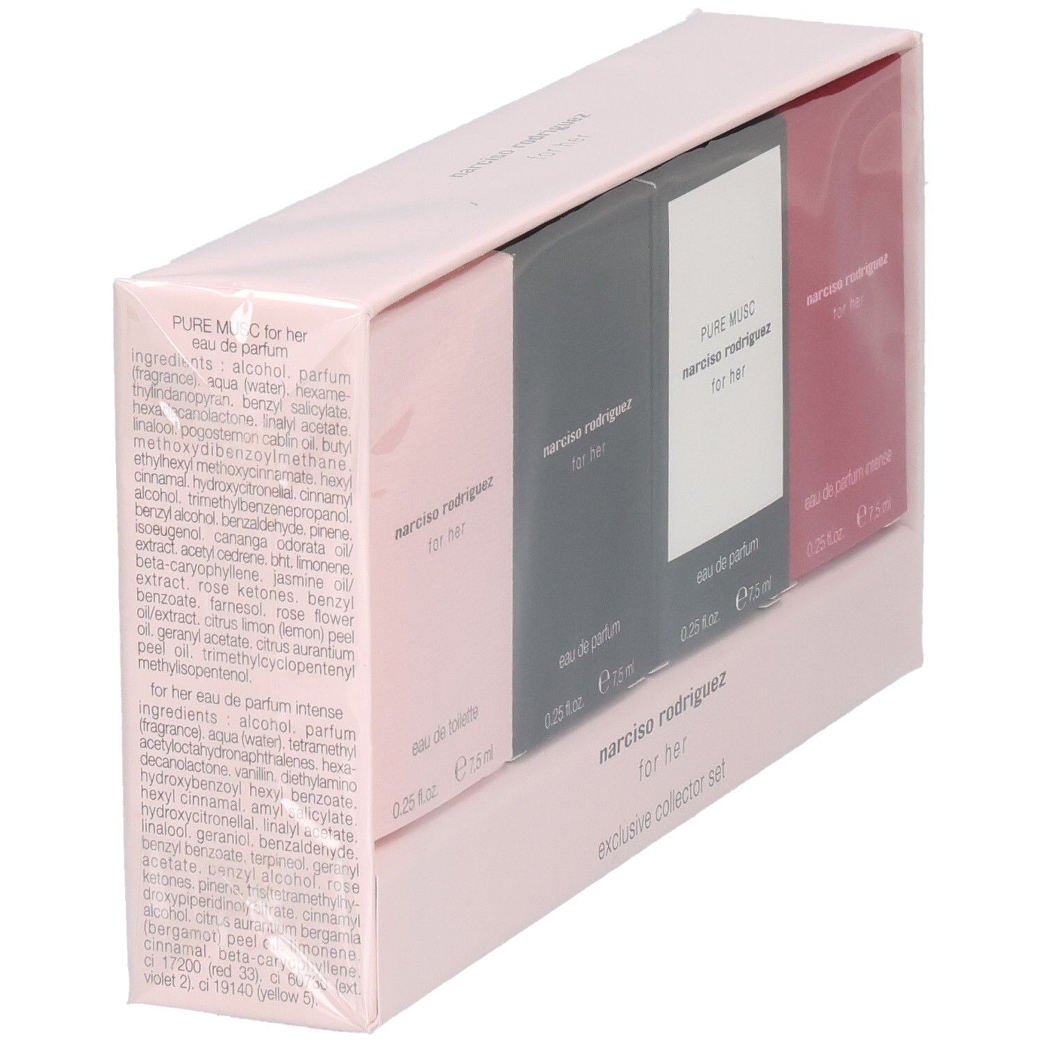 Set collector Narciso Rodriguez for Her : dos avec ingrédients pour l'Eau de Toilette et l'Eau de Parfum Intense.