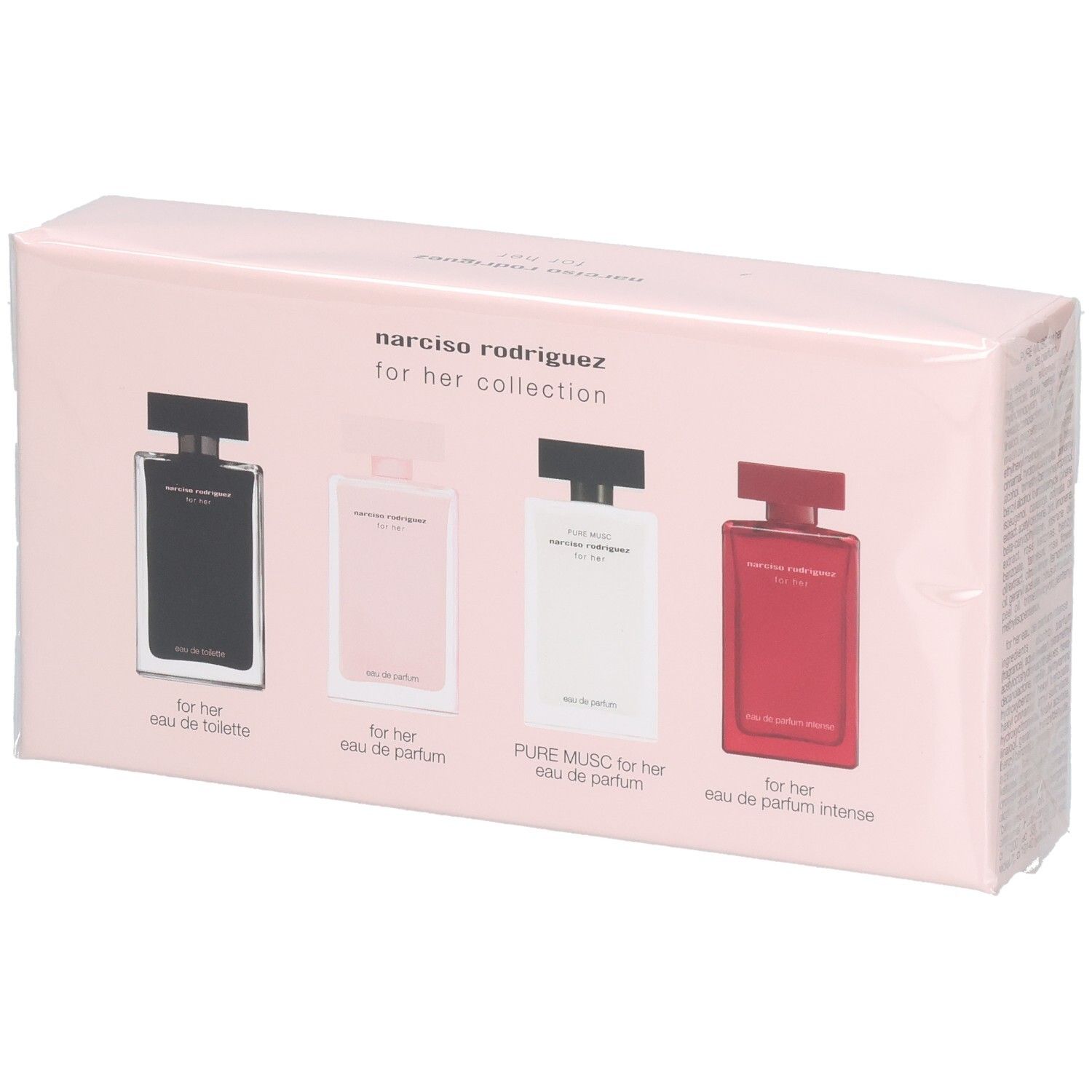 Narciso Rodriguez for Her Collection : quatre flacons de parfum dans un emballage noir, rose, blanc et rouge.