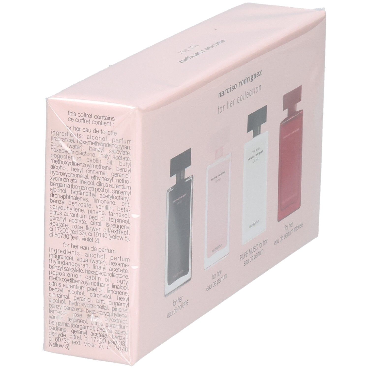 Narciso Rodriguez for Her Collection : dos avec ingrédients pour l'Eau de Toilette et l'Eau de Parfum Intense.