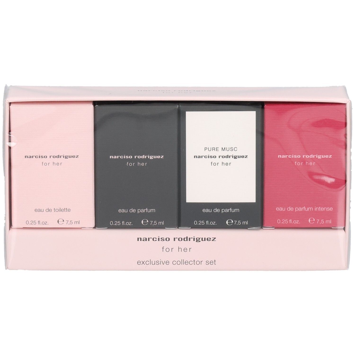 Set collector Narciso Rodriguez for Her : quatre flacons de parfum roses, gris, blancs et rouges.