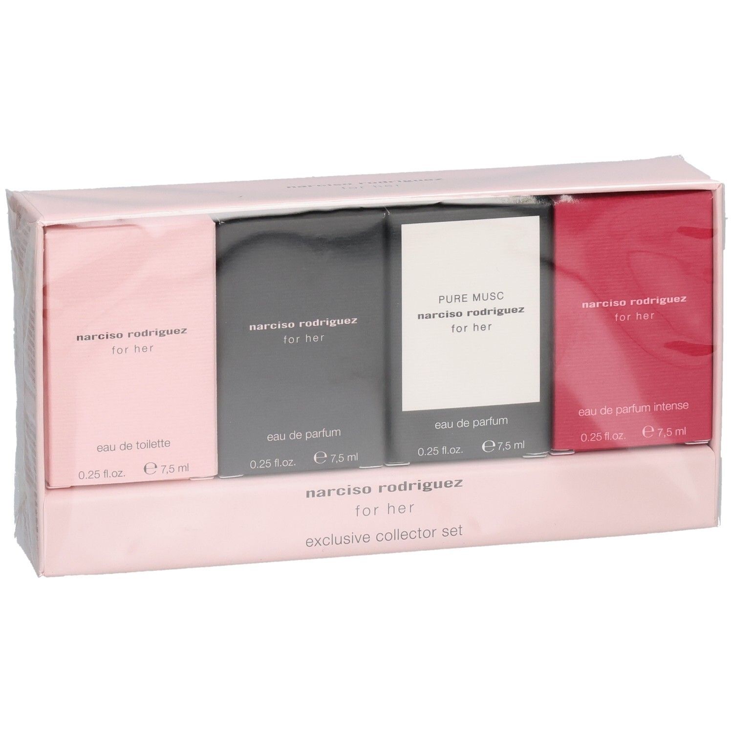 Set collector Narciso Rodriguez for Her : quatre flacons de parfum roses, gris, blancs et rouges.
