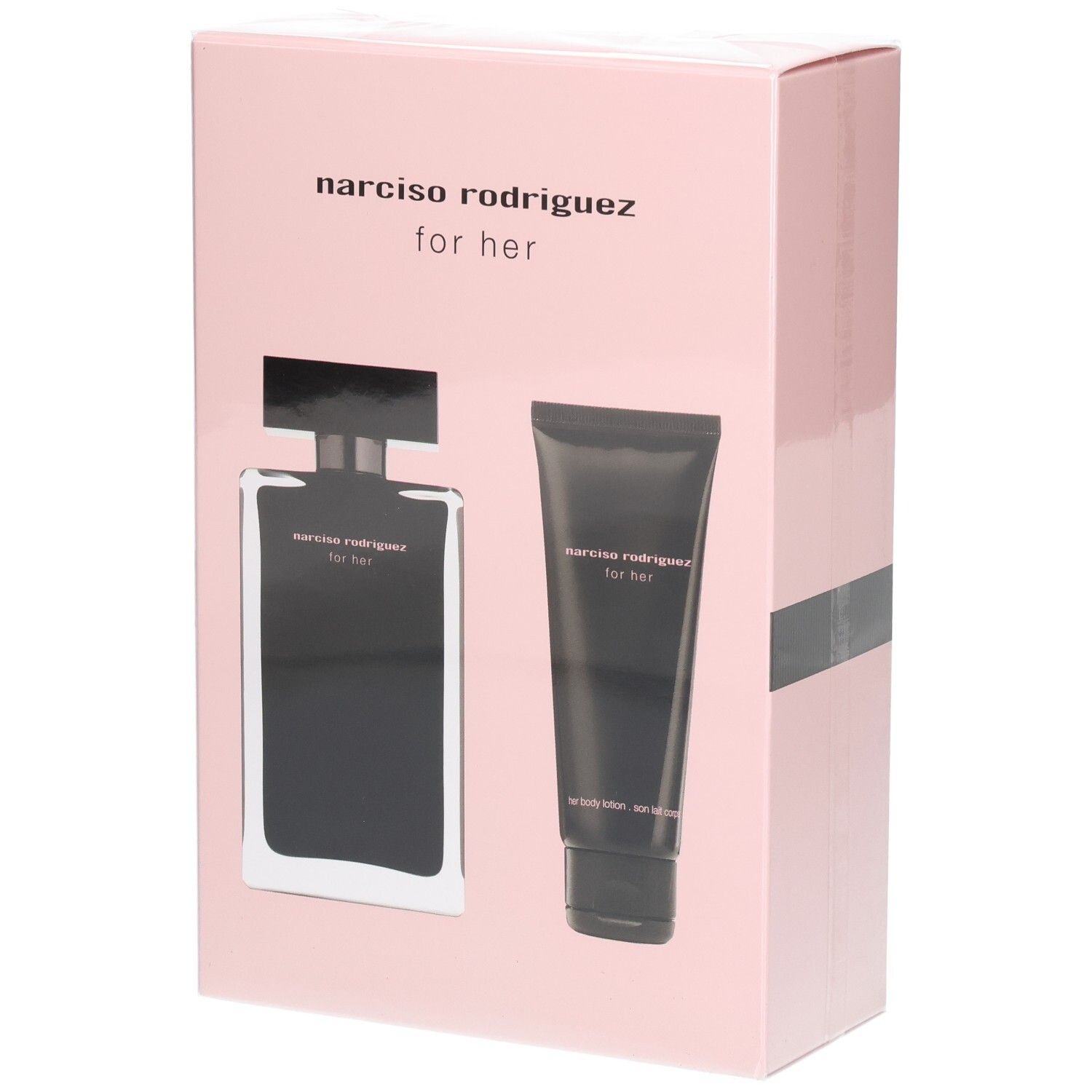 Coffret Narciso Rodriguez For Her : flacon Eau de Toilette et tube de lotion corporelle sur boîte rose.