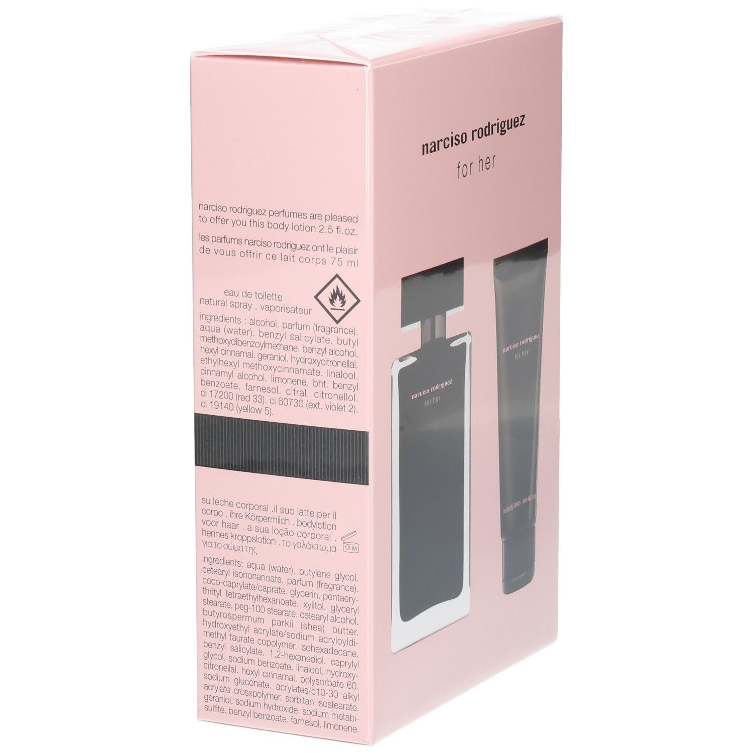 Arrière de l'emballage Narciso Rodriguez For Her Coffret avec informations produit et ingrédients.
