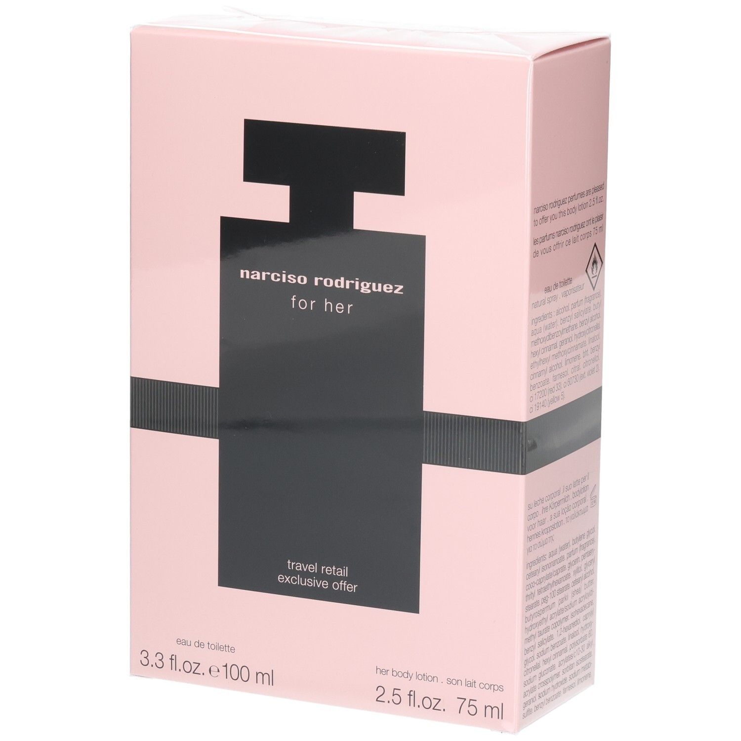 Coffret Narciso Rodriguez For Her : Eau de Toilette 100ml et Lotion Corporelle 75ml sur boîte rose.