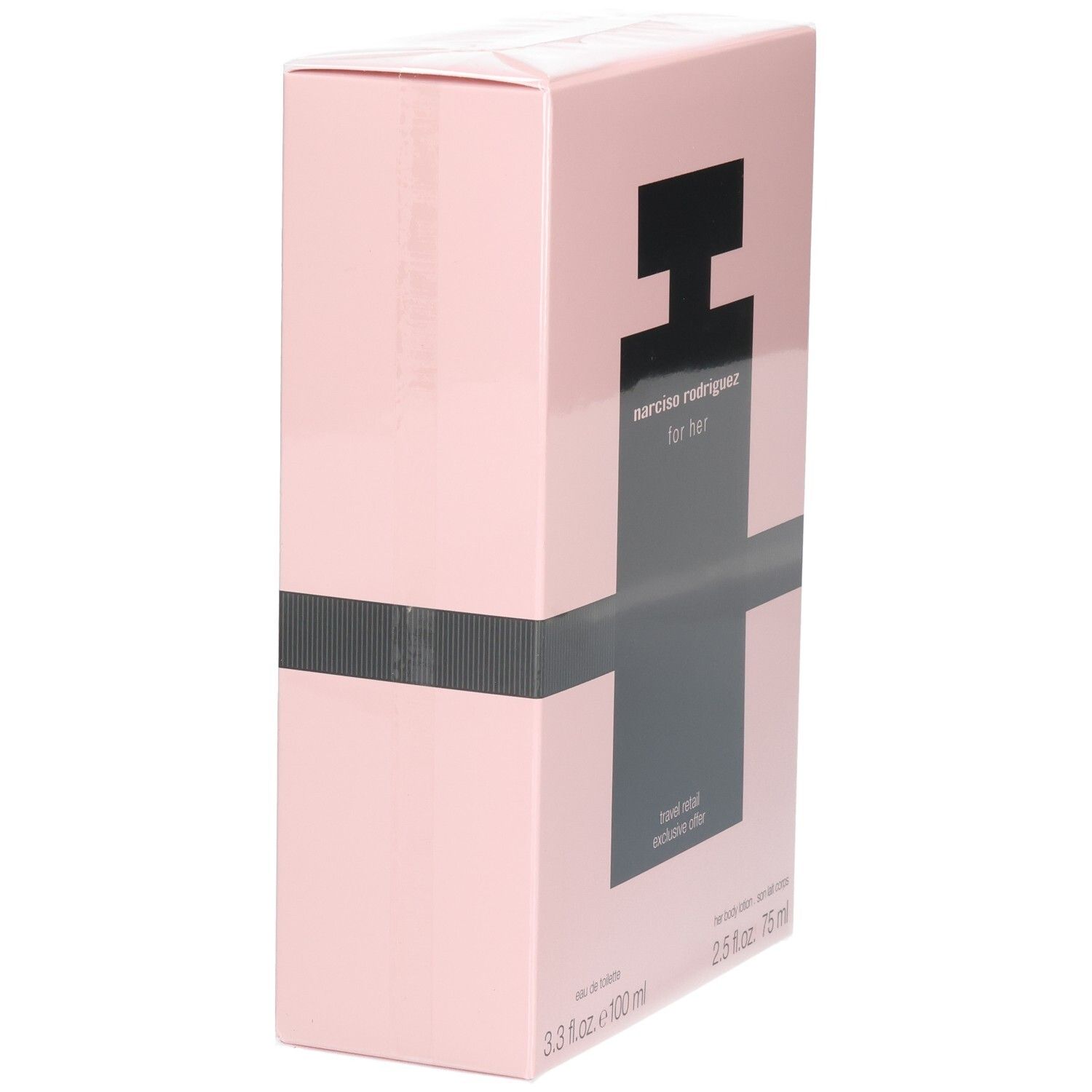 Côté de l'emballage Narciso Rodriguez For Her Coffret avec illustration produit et texte.