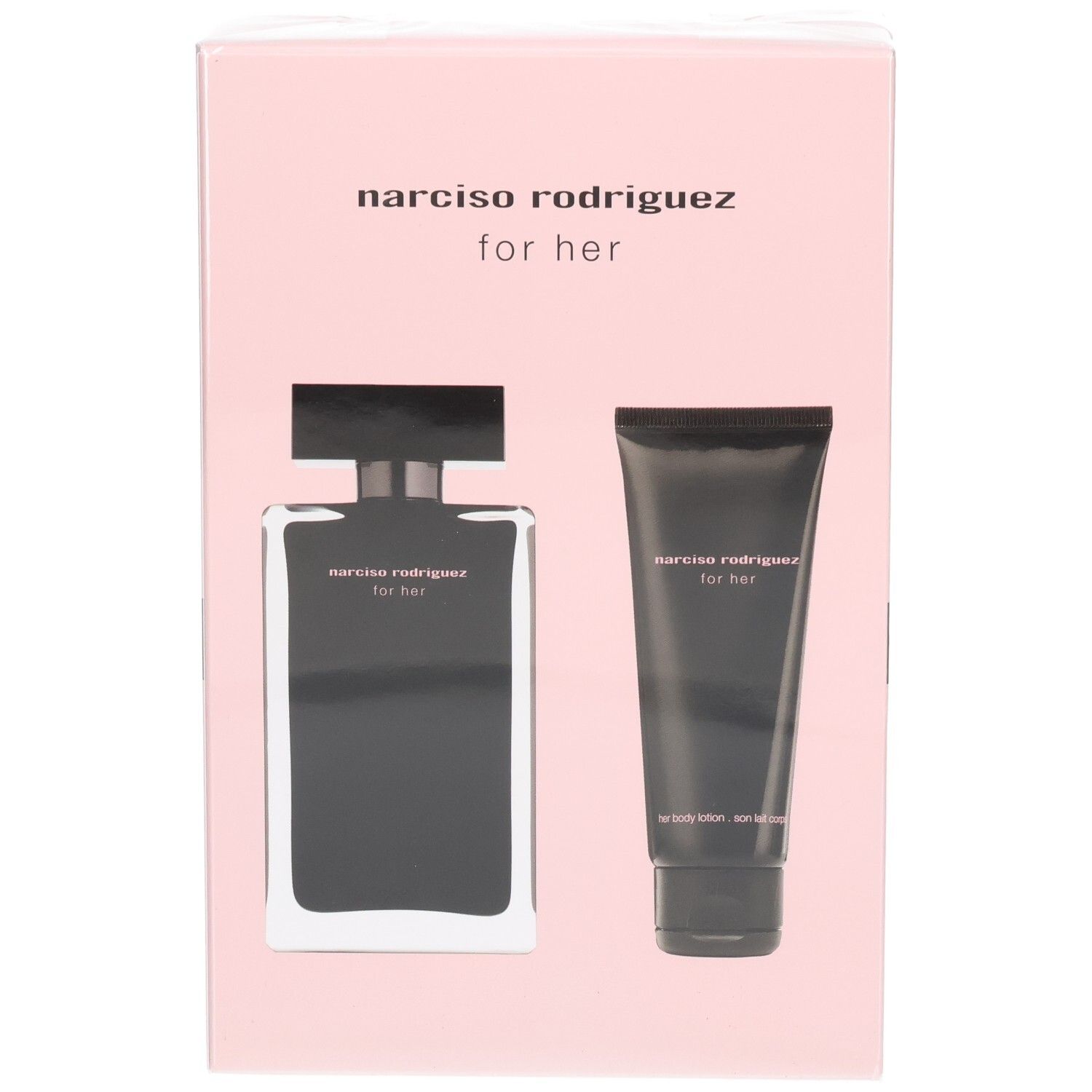 Coffret Narciso Rodriguez For Her : flacon Eau de Toilette et tube de lotion corporelle sur boîte rose.