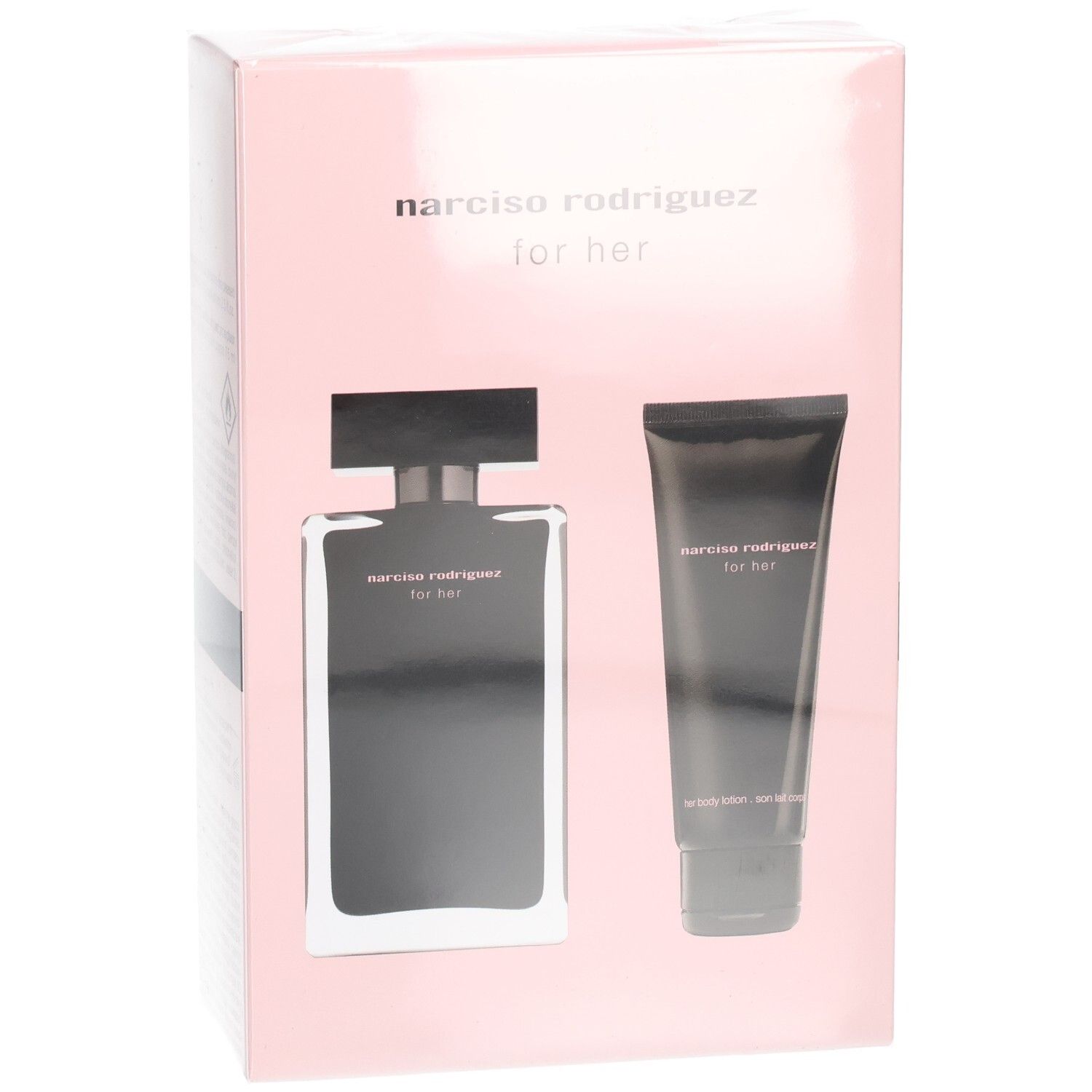 Coffret Narciso Rodriguez For Her : flacon Eau de Toilette et tube de lotion corporelle sur boîte rose.